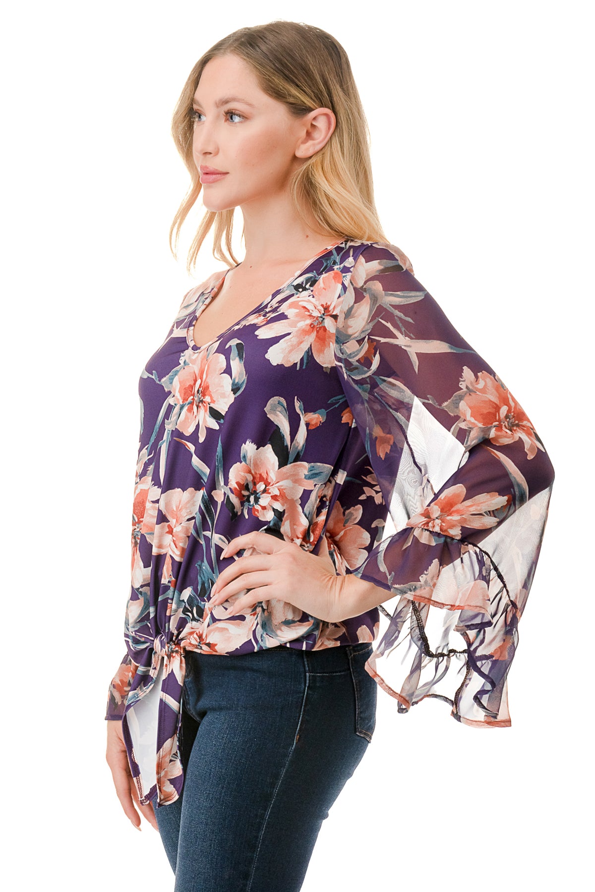 JANE V NECK RUFFLE SLEEVE TOP (PURPLE FLORAL / PURPLE FLORAL CHIFFON)- VT3171