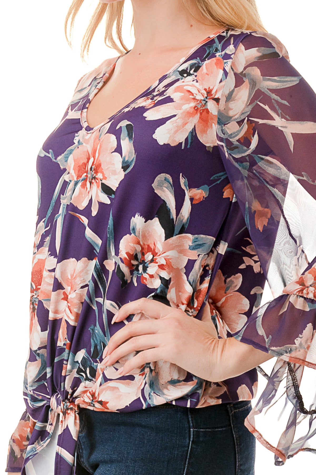 JANE V NECK RUFFLE SLEEVE TOP (PURPLE FLORAL / PURPLE FLORAL CHIFFON)- VT3171