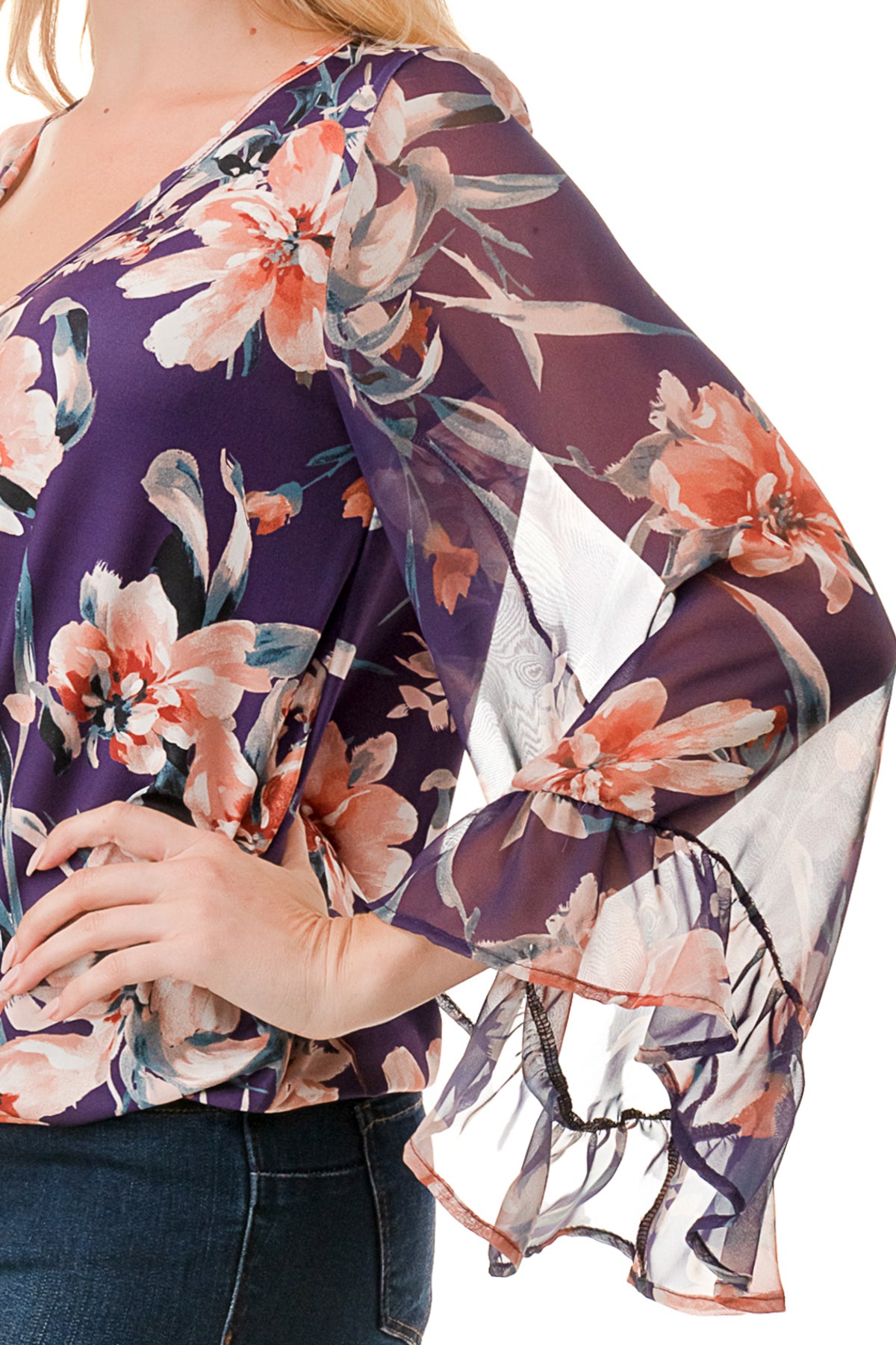 JANE V NECK RUFFLE SLEEVE TOP (PURPLE FLORAL / PURPLE FLORAL CHIFFON)- VT3171