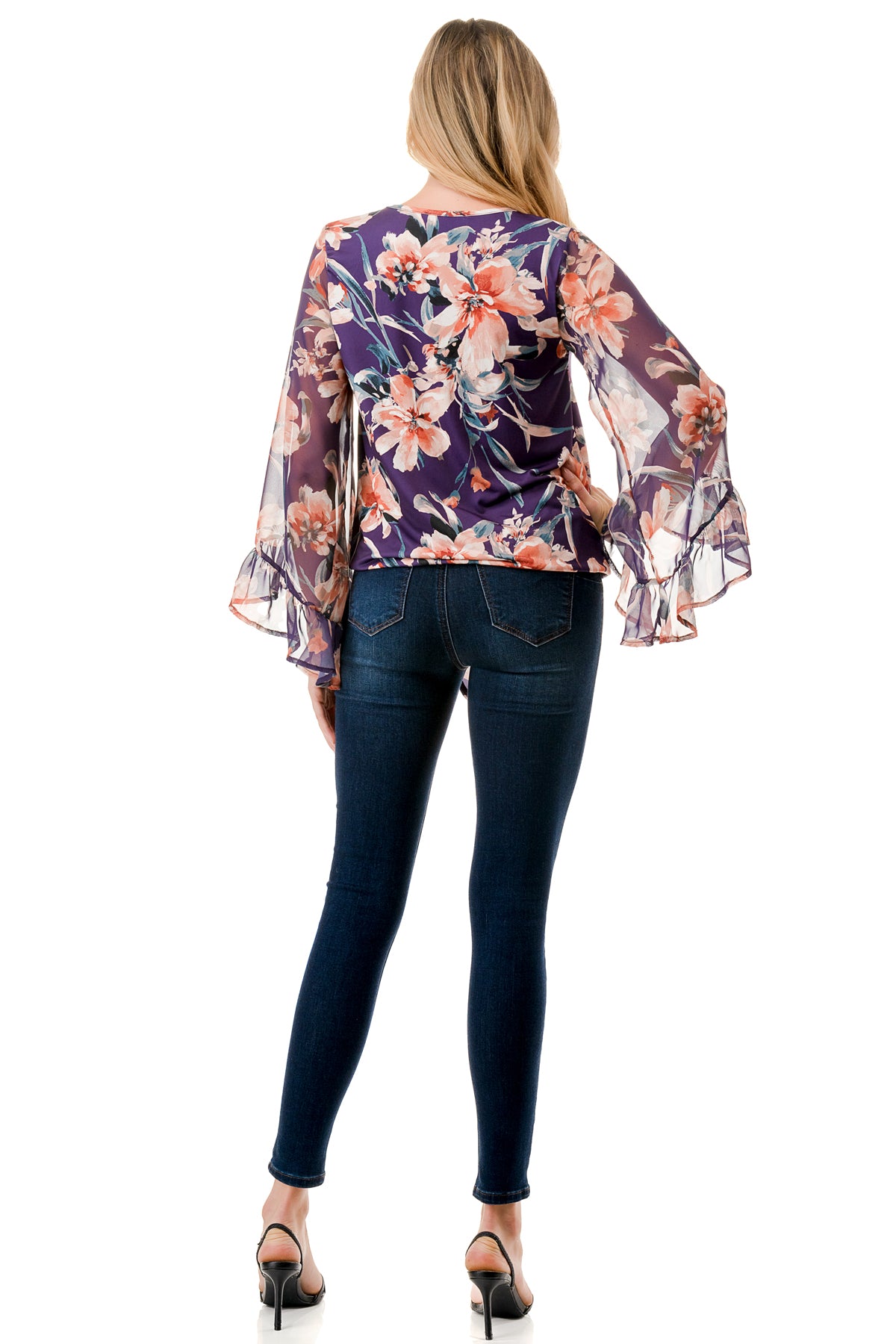JANE V NECK RUFFLE SLEEVE TOP (PURPLE FLORAL / PURPLE FLORAL CHIFFON)- VT3171