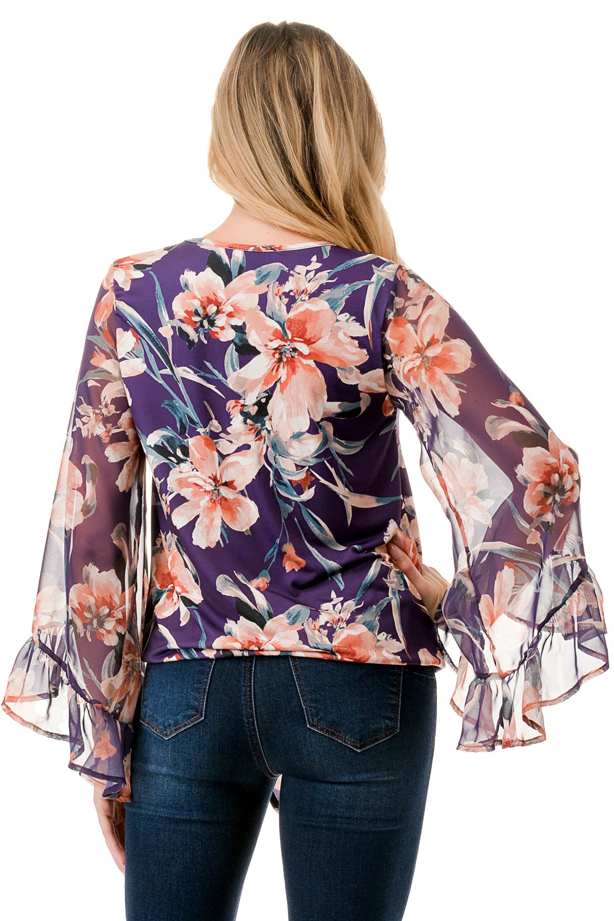 JANE V NECK RUFFLE SLEEVE TOP (PURPLE FLORAL / PURPLE FLORAL CHIFFON)- VT3171