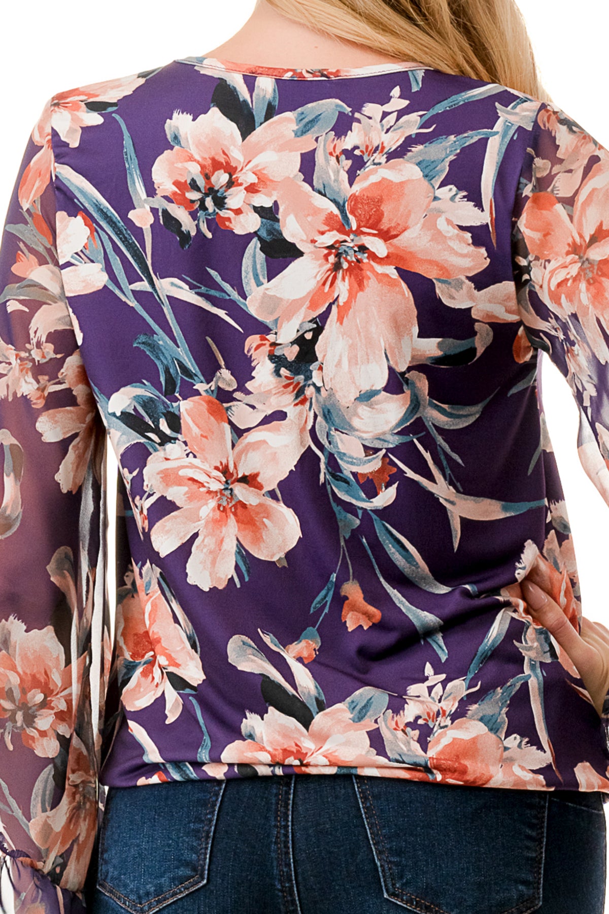 JANE V NECK RUFFLE SLEEVE TOP (PURPLE FLORAL / PURPLE FLORAL CHIFFON)- VT3171