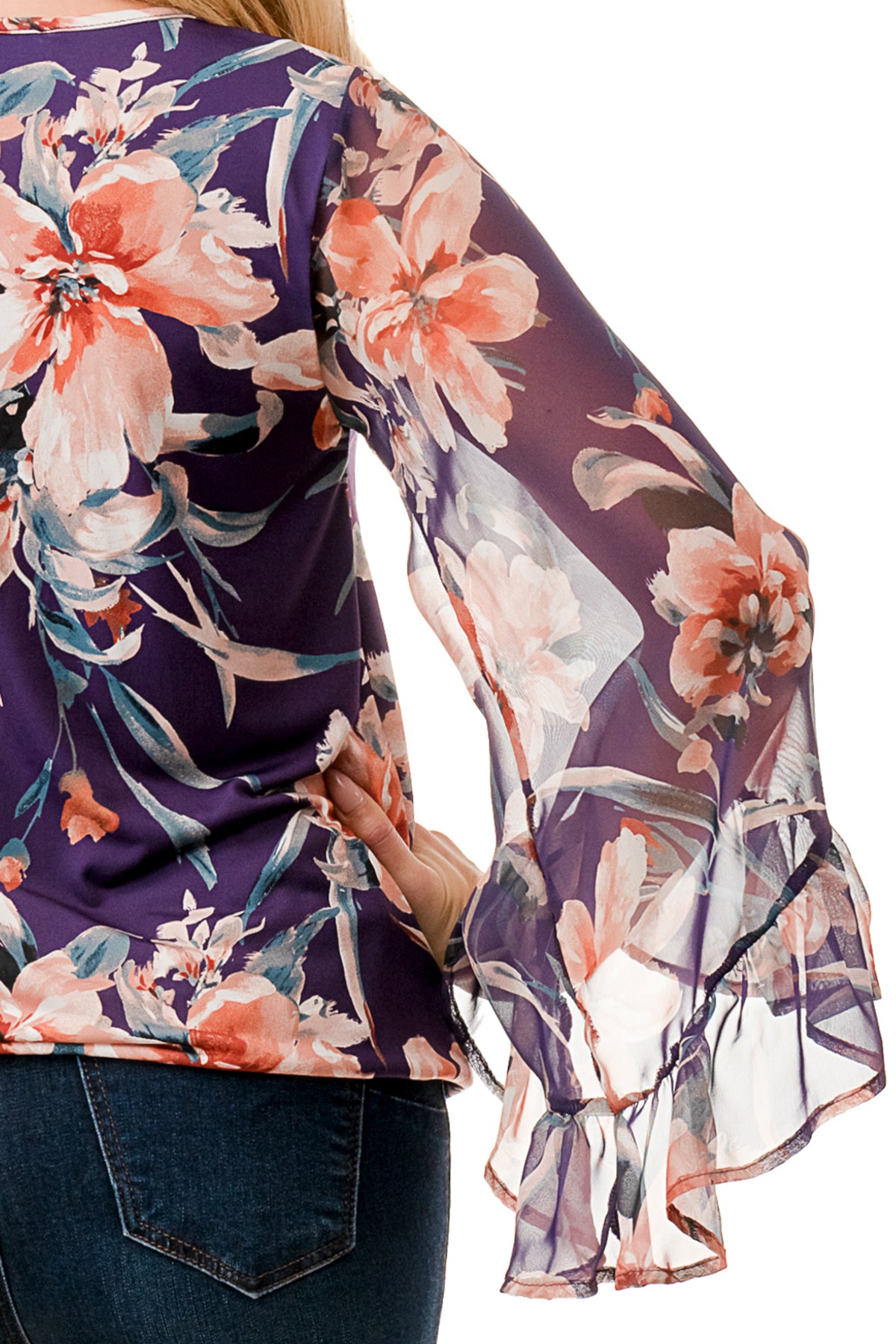 JANE V NECK RUFFLE SLEEVE TOP (PURPLE FLORAL / PURPLE FLORAL CHIFFON)- VT3171
