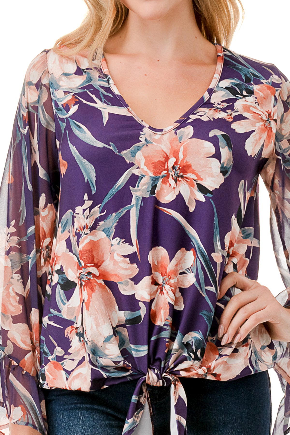JANE V NECK RUFFLE SLEEVE TOP (PURPLE FLORAL / PURPLE FLORAL CHIFFON)- VT3171