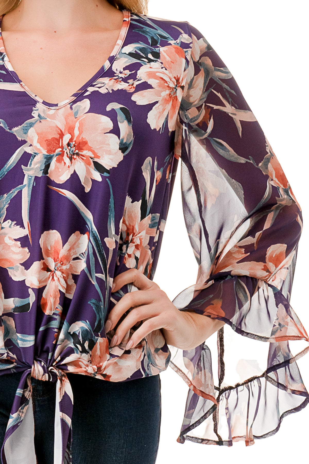 JANE V NECK RUFFLE SLEEVE TOP (PURPLE FLORAL / PURPLE FLORAL CHIFFON)- VT3171