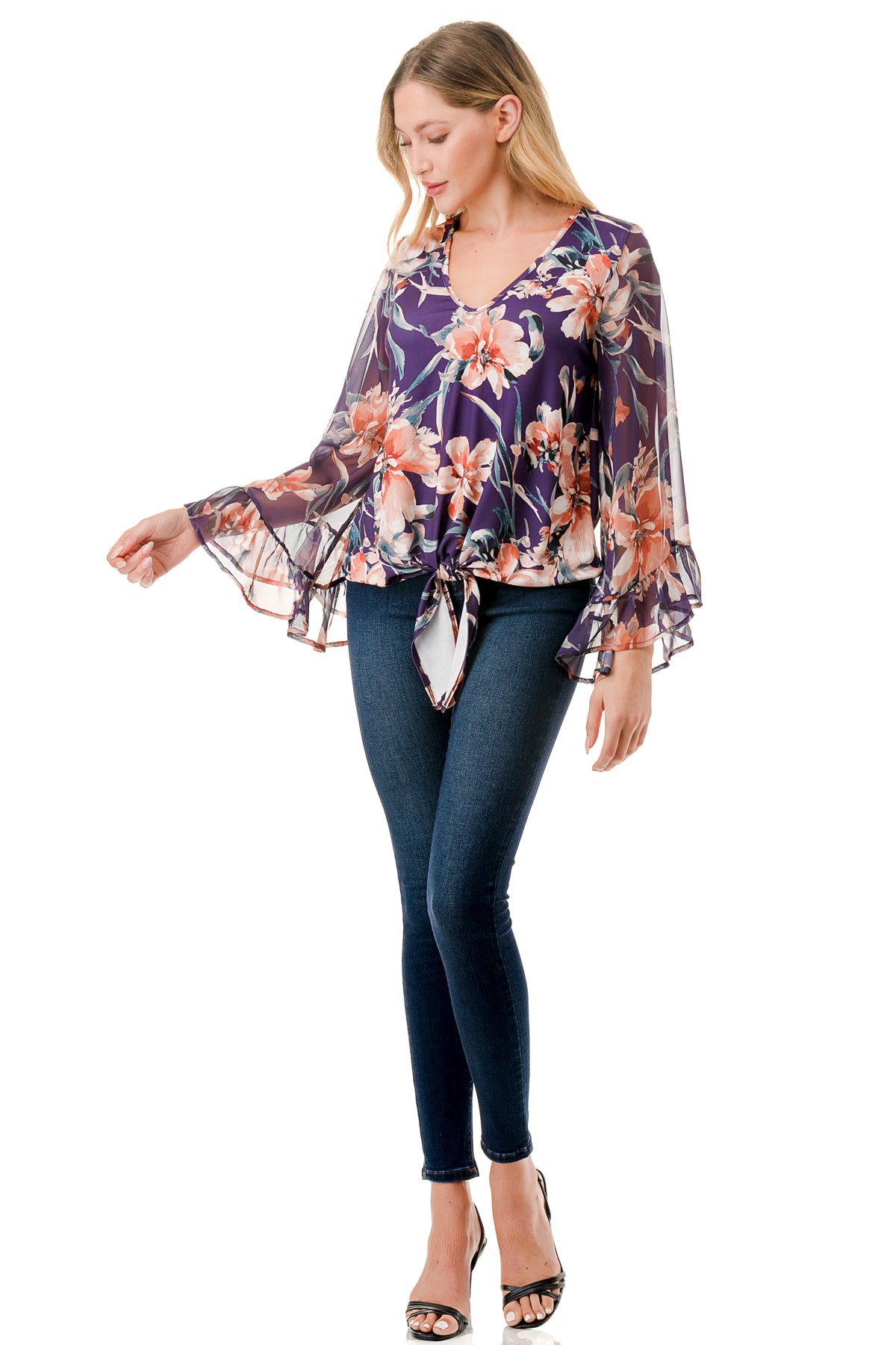 JANE V NECK RUFFLE SLEEVE TOP (PURPLE FLORAL / PURPLE FLORAL CHIFFON)- VT3171