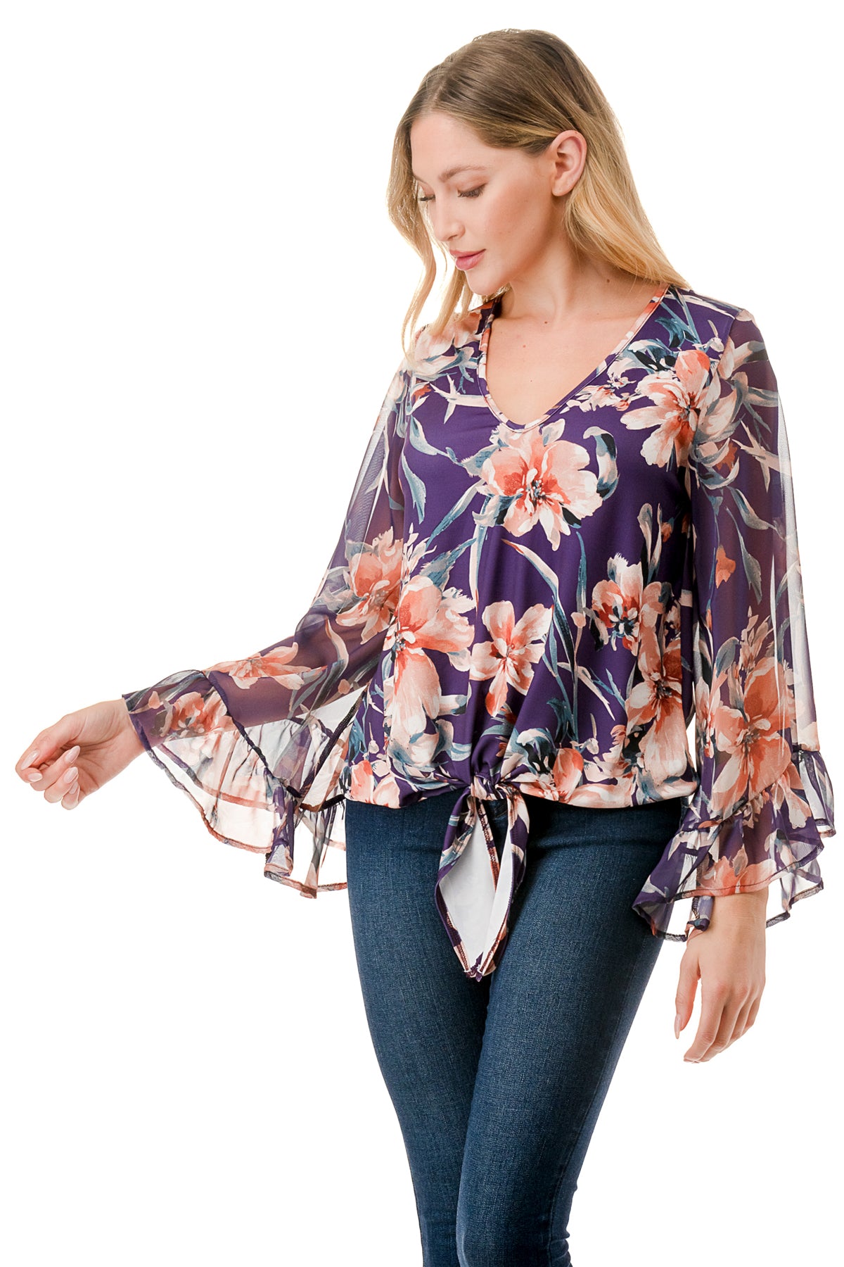 JANE V NECK RUFFLE SLEEVE TOP (PURPLE FLORAL / PURPLE FLORAL CHIFFON)- VT3171