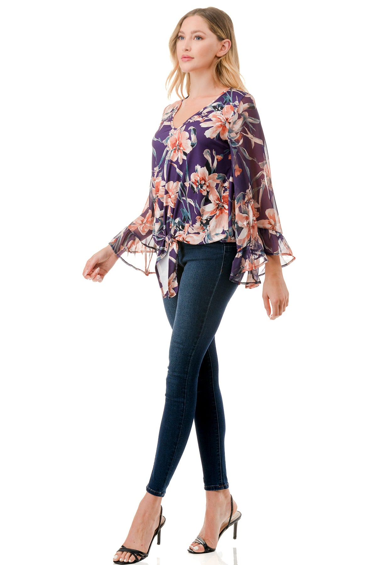 JANE V NECK RUFFLE SLEEVE TOP (PURPLE FLORAL / PURPLE FLORAL CHIFFON)- VT3171