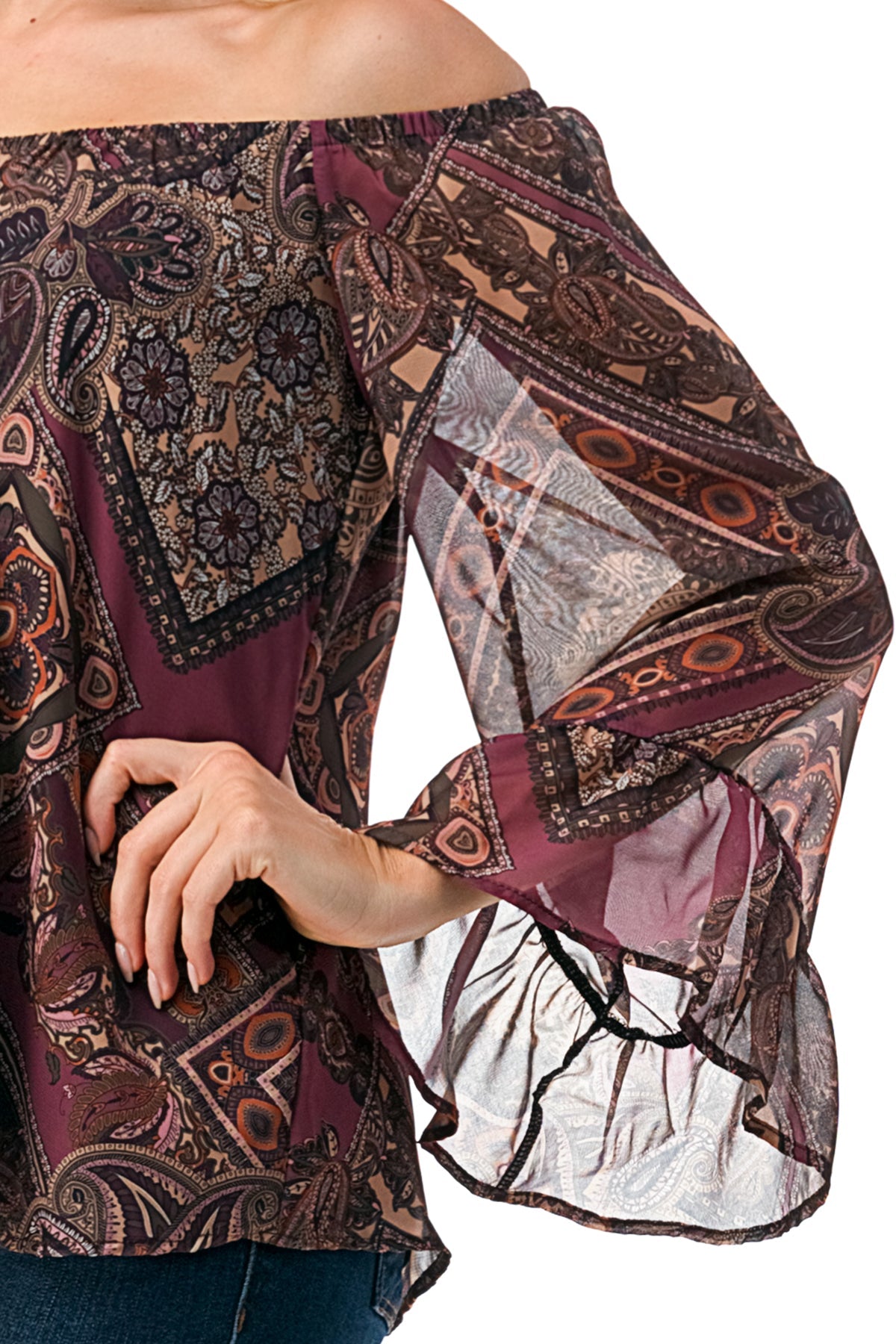 JANE OFF SHOULDER RUFFLE SLEEVE TOP (ROSE BOHO)- VT3172