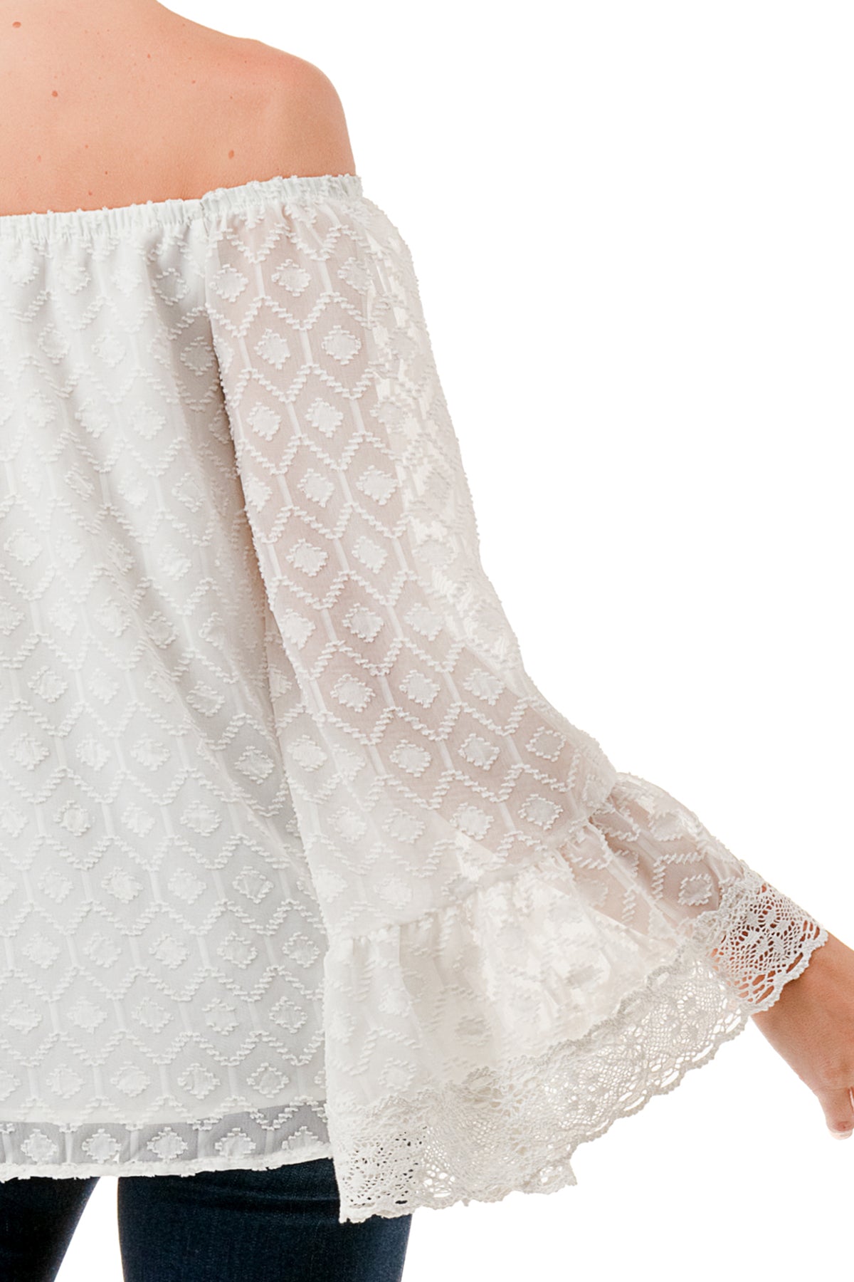JANE OFF SHOULDER RUFFLE SLEEVE TOP (WHITE / WHITE LACE)- VT3172