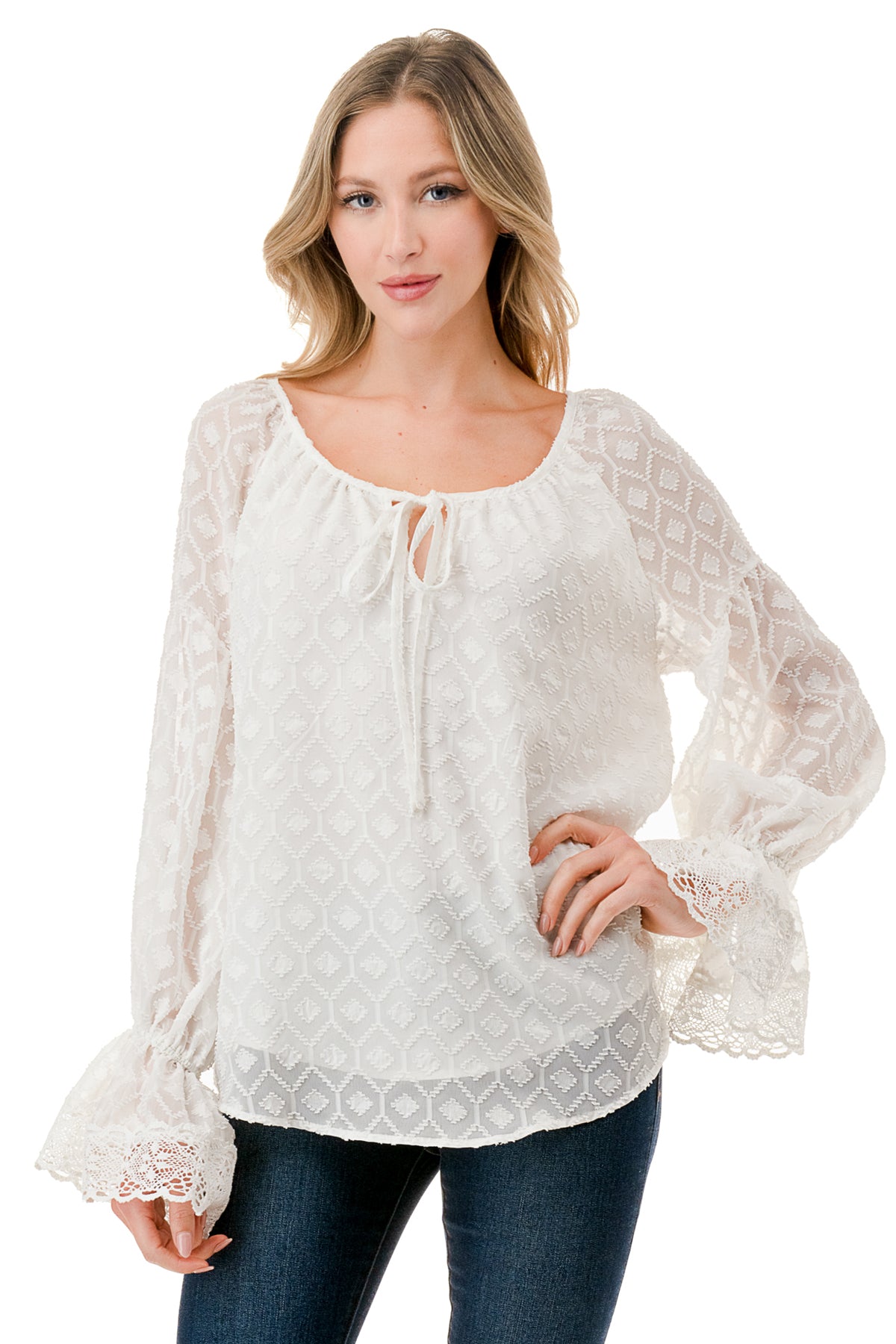 ALILE FRONT TIE TOP (WHITE / WHITE LACE)- VT3193