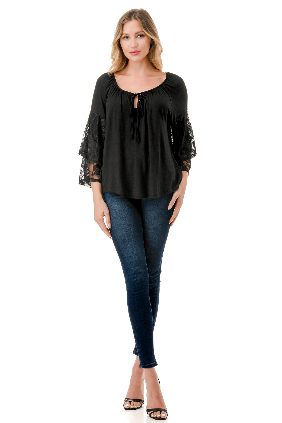 BECKY BELL SLEEVE TOP (BLACK/BLACK LACE)- VT3245