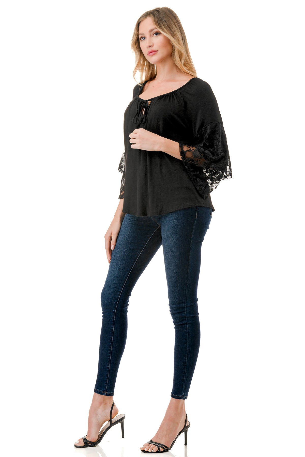 BECKY BELL SLEEVE TOP (BLACK/BLACK LACE)- VT3245