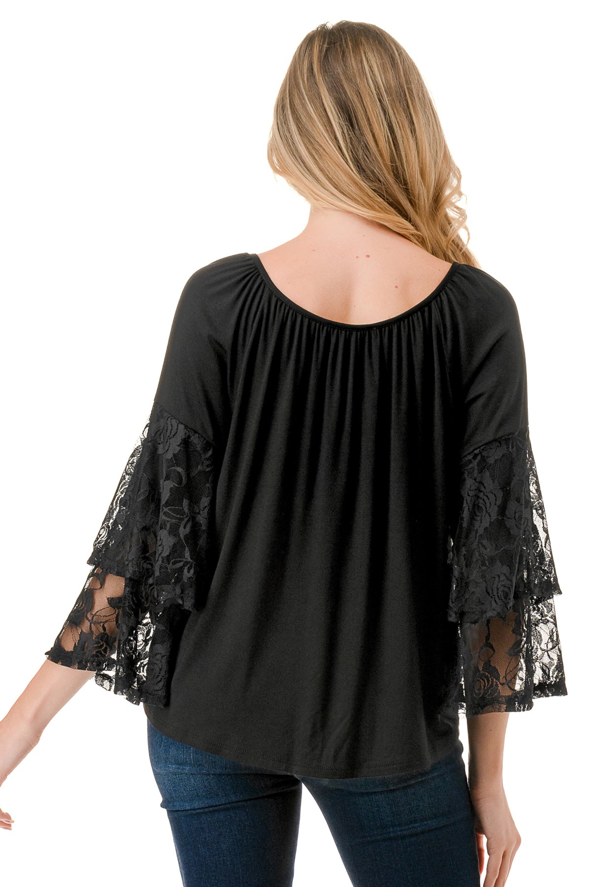 BECKY BELL SLEEVE TOP (BLACK/BLACK LACE)- VT3245