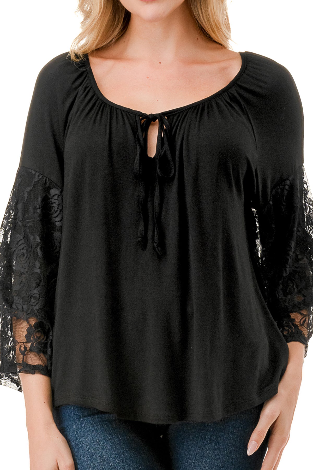 BECKY BELL SLEEVE TOP (BLACK/BLACK LACE)- VT3245