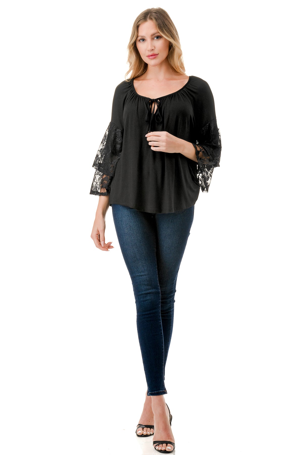 BECKY BELL SLEEVE TOP (BLACK/BLACK LACE)- VT3245