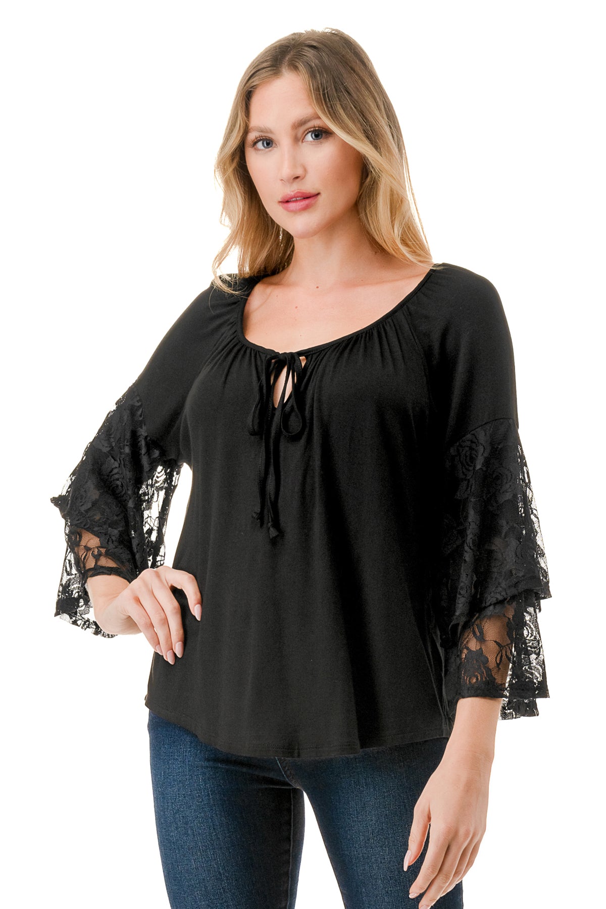BECKY BELL SLEEVE TOP (BLACK/BLACK LACE)- VT3245