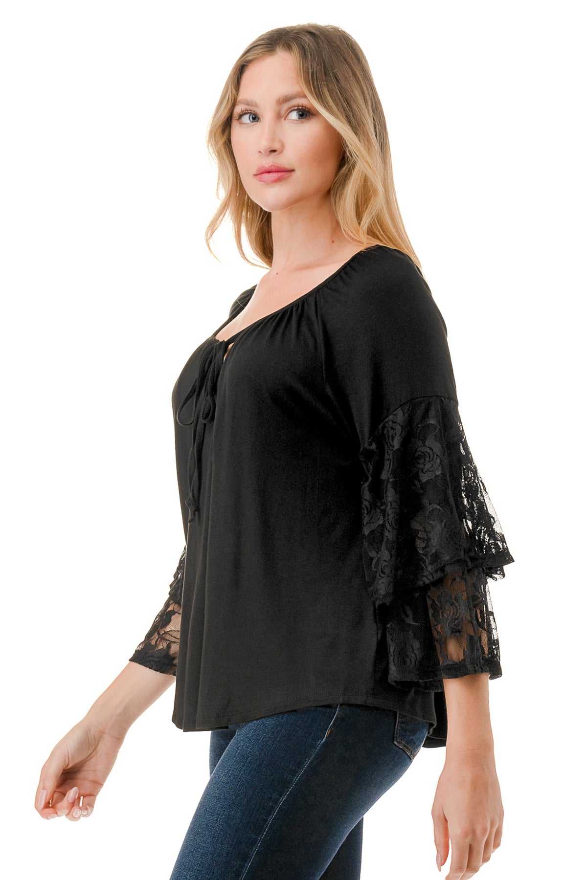 BECKY BELL SLEEVE TOP (BLACK/BLACK LACE)- VT3245