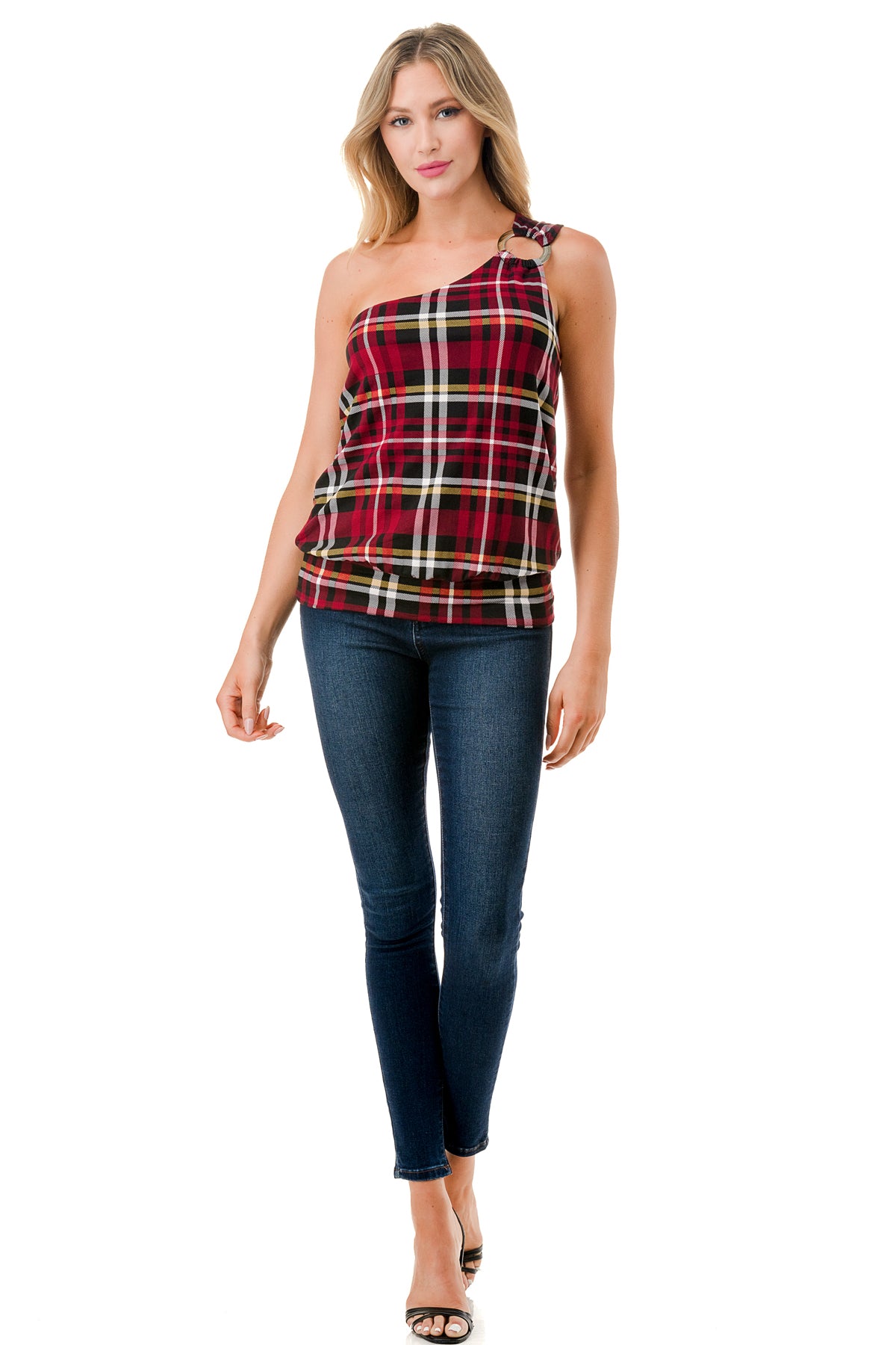 VIVIAN ONE SHOULDER RING TOP (BLACK WINE PLAID)-VT3265