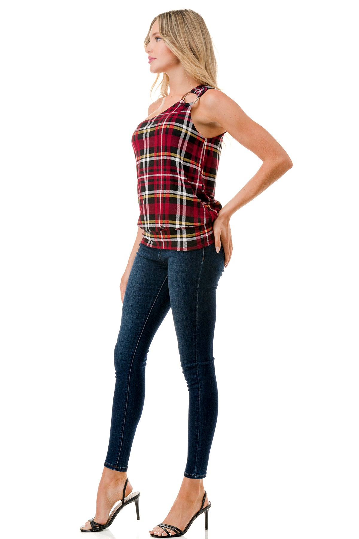VIVIAN ONE SHOULDER RING TOP (BLACK WINE PLAID)-VT3265