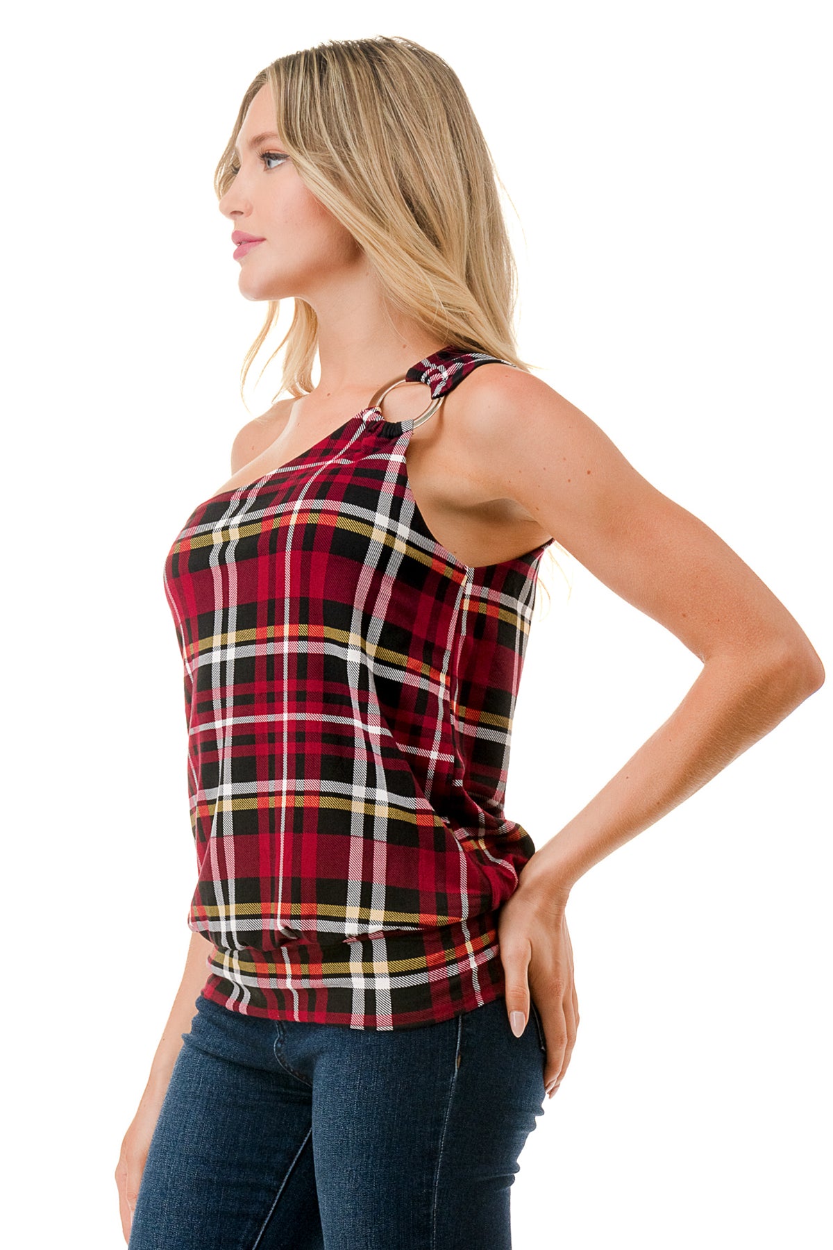 VIVIAN ONE SHOULDER RING TOP (BLACK WINE PLAID)-VT3265