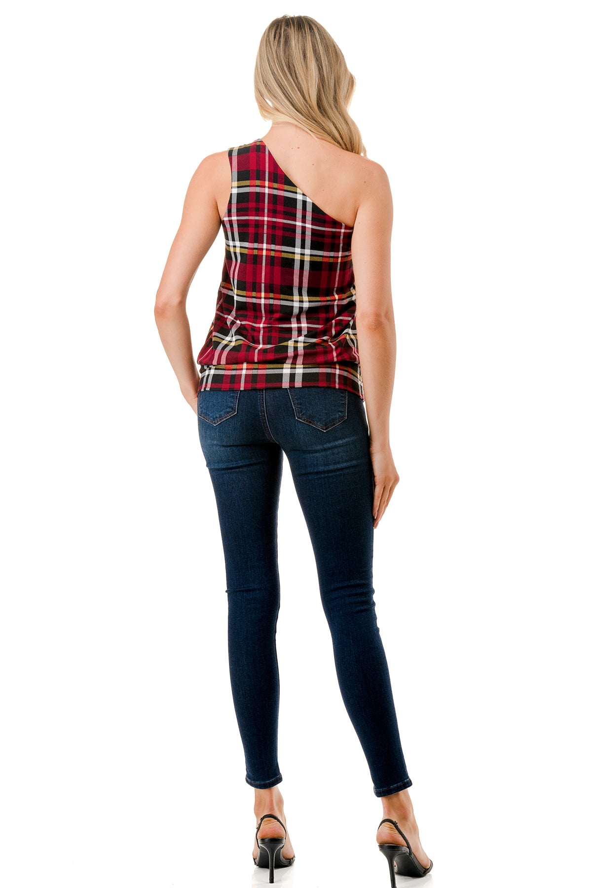 VIVIAN ONE SHOULDER RING TOP (BLACK WINE PLAID)-VT3265