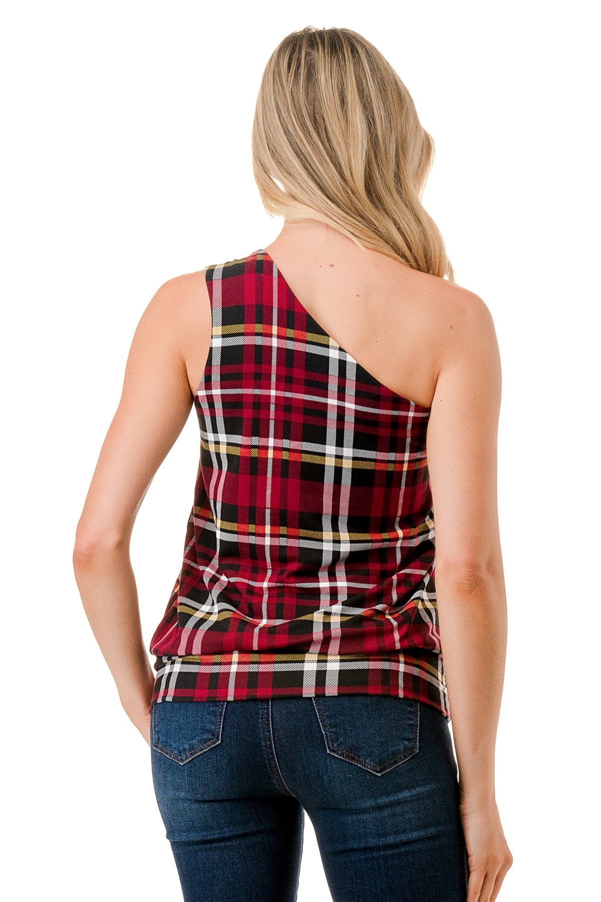 VIVIAN ONE SHOULDER RING TOP (BLACK WINE PLAID)-VT3265