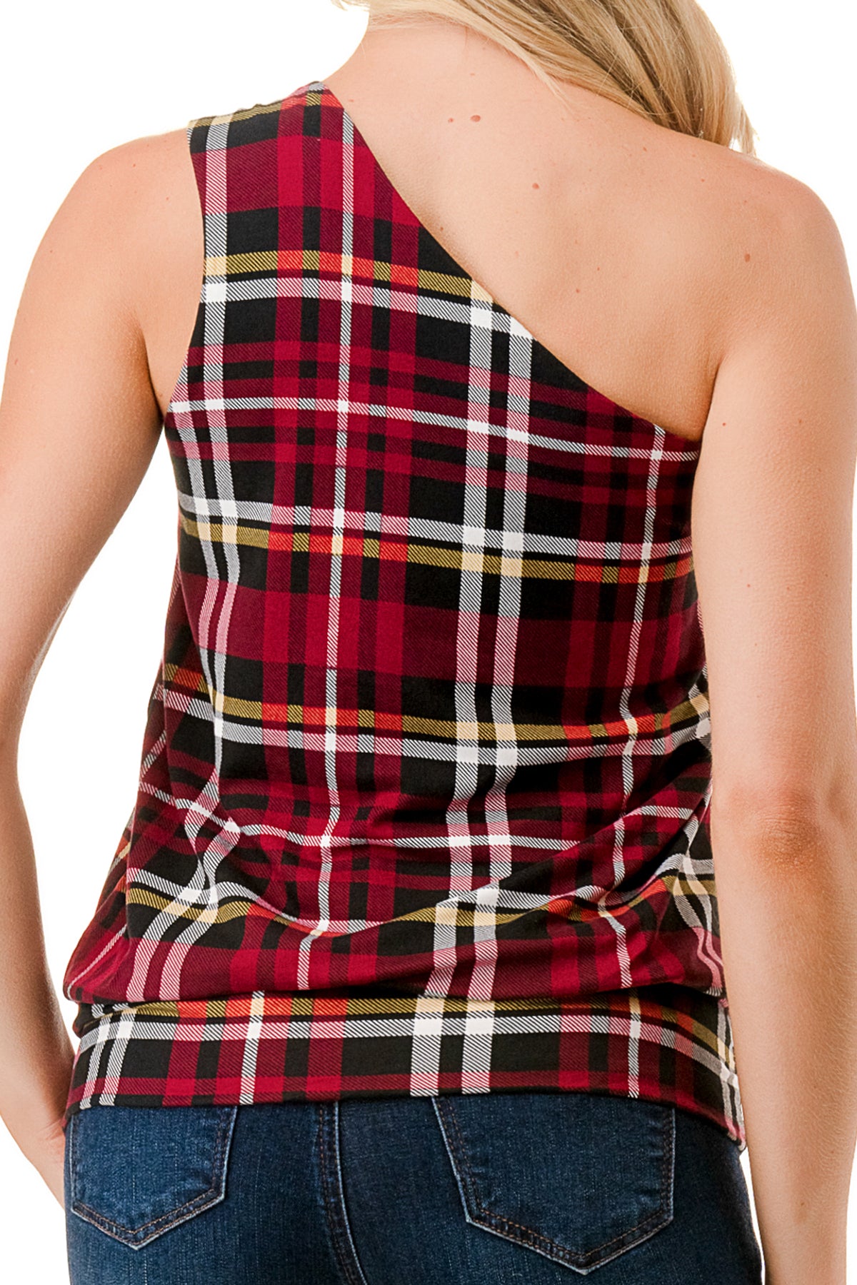 VIVIAN ONE SHOULDER RING TOP (BLACK WINE PLAID)-VT3265