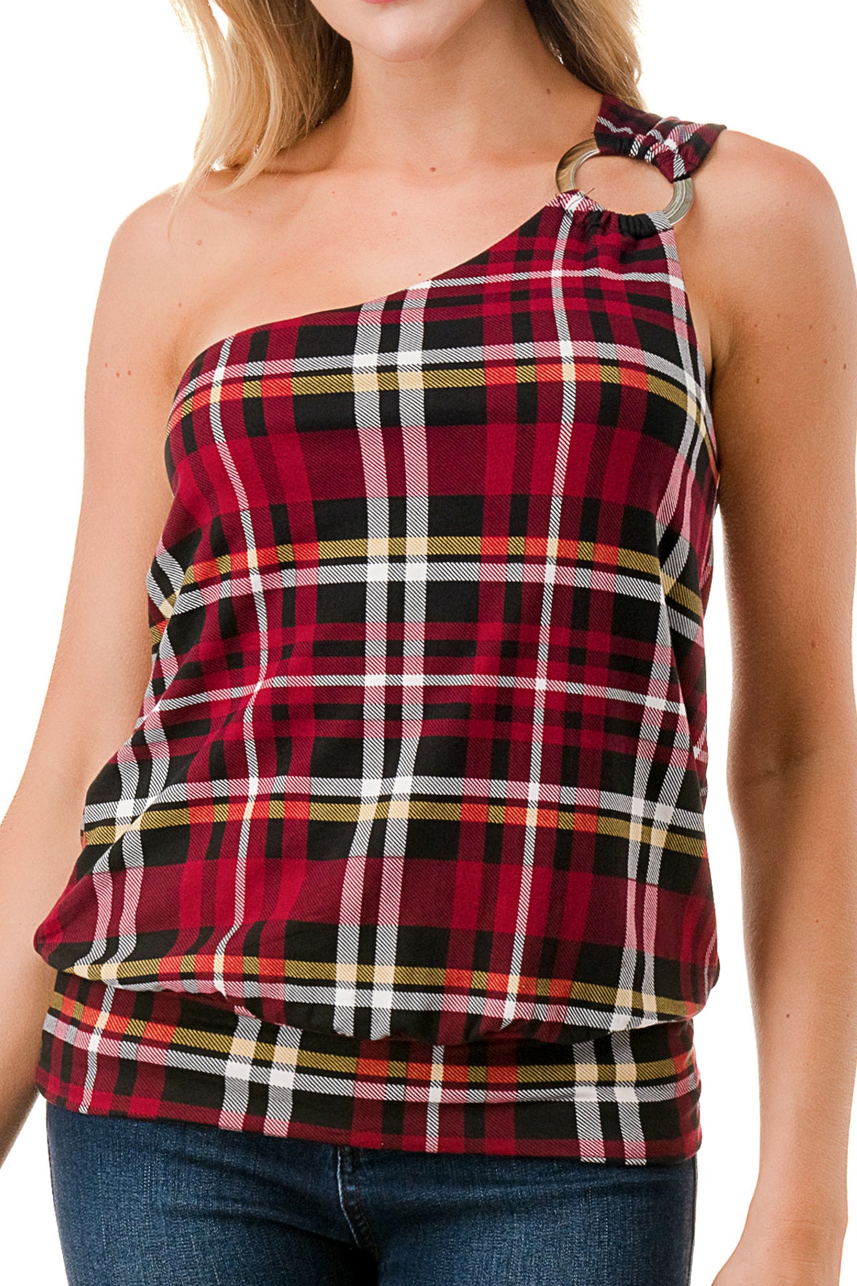 VIVIAN ONE SHOULDER RING TOP (BLACK WINE PLAID)-VT3265