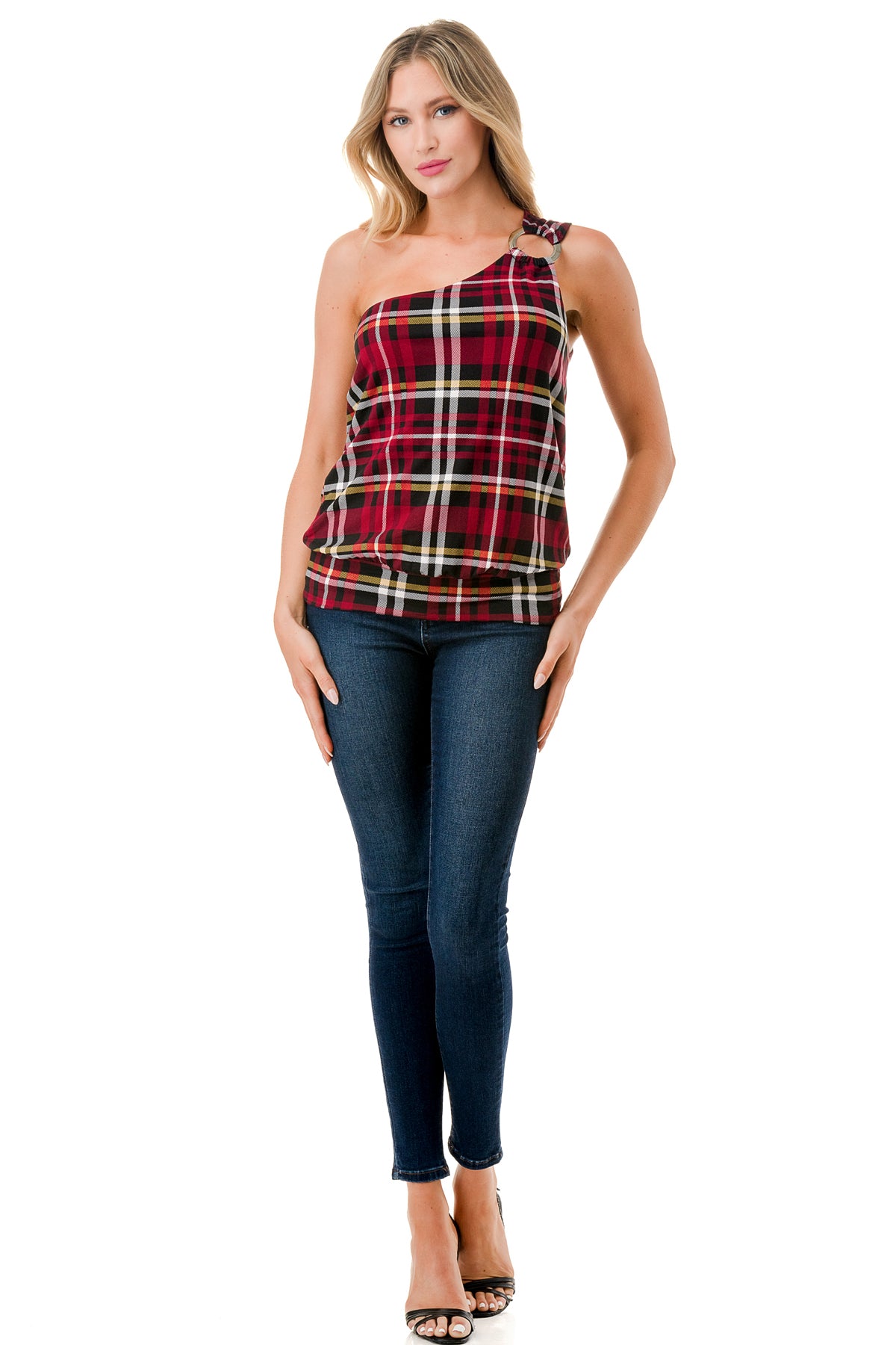 VIVIAN ONE SHOULDER RING TOP (BLACK WINE PLAID)-VT3265
