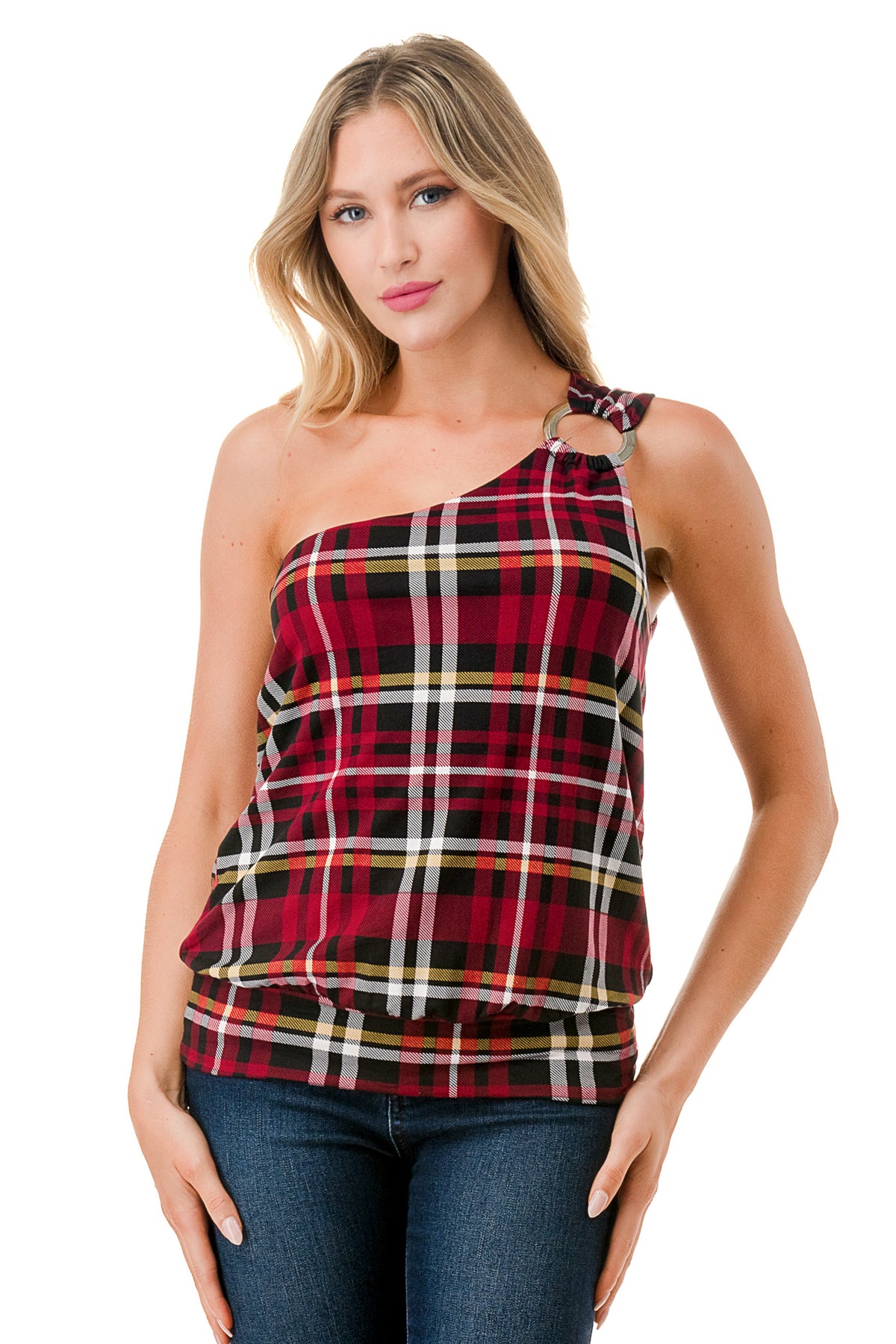 VIVIAN ONE SHOULDER RING TOP (BLACK WINE PLAID)-VT3265