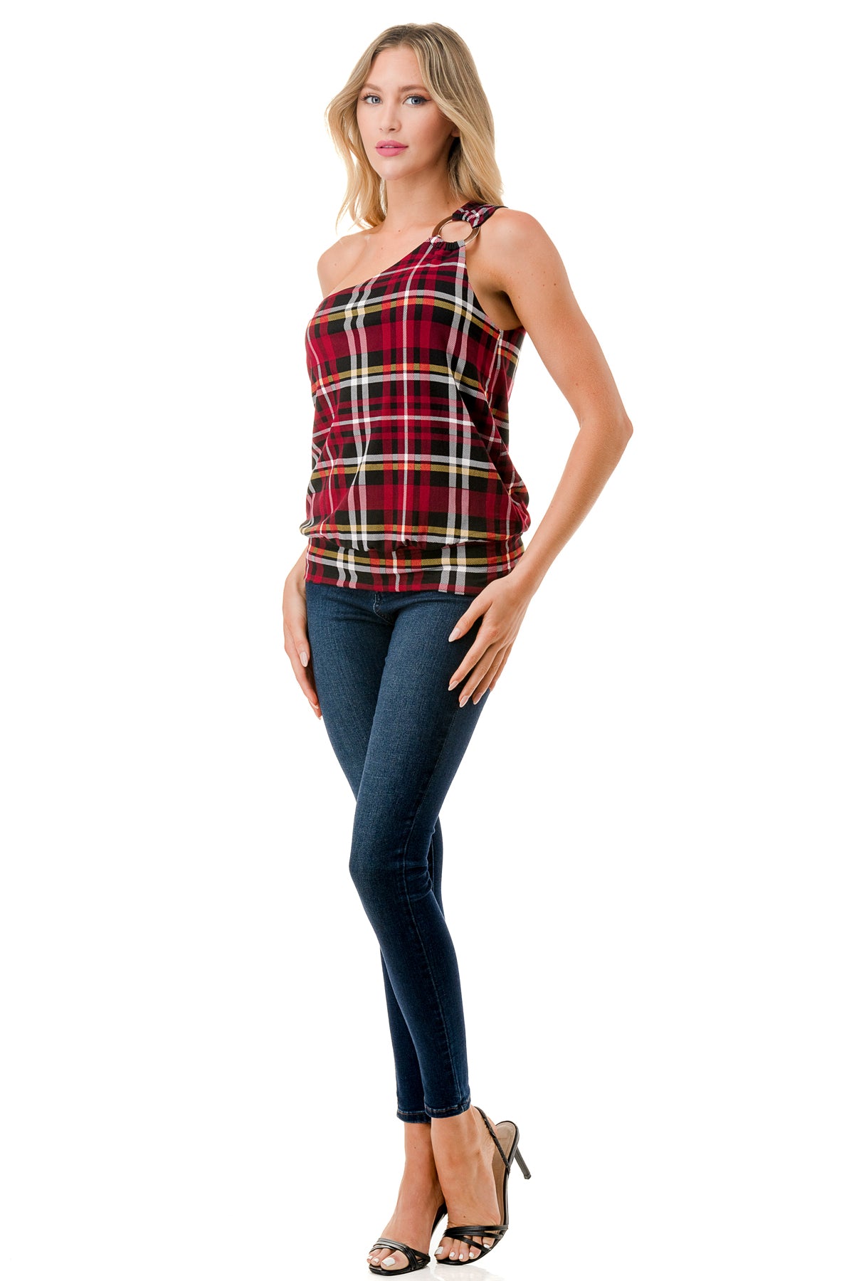 VIVIAN ONE SHOULDER RING TOP (BLACK WINE PLAID)-VT3265