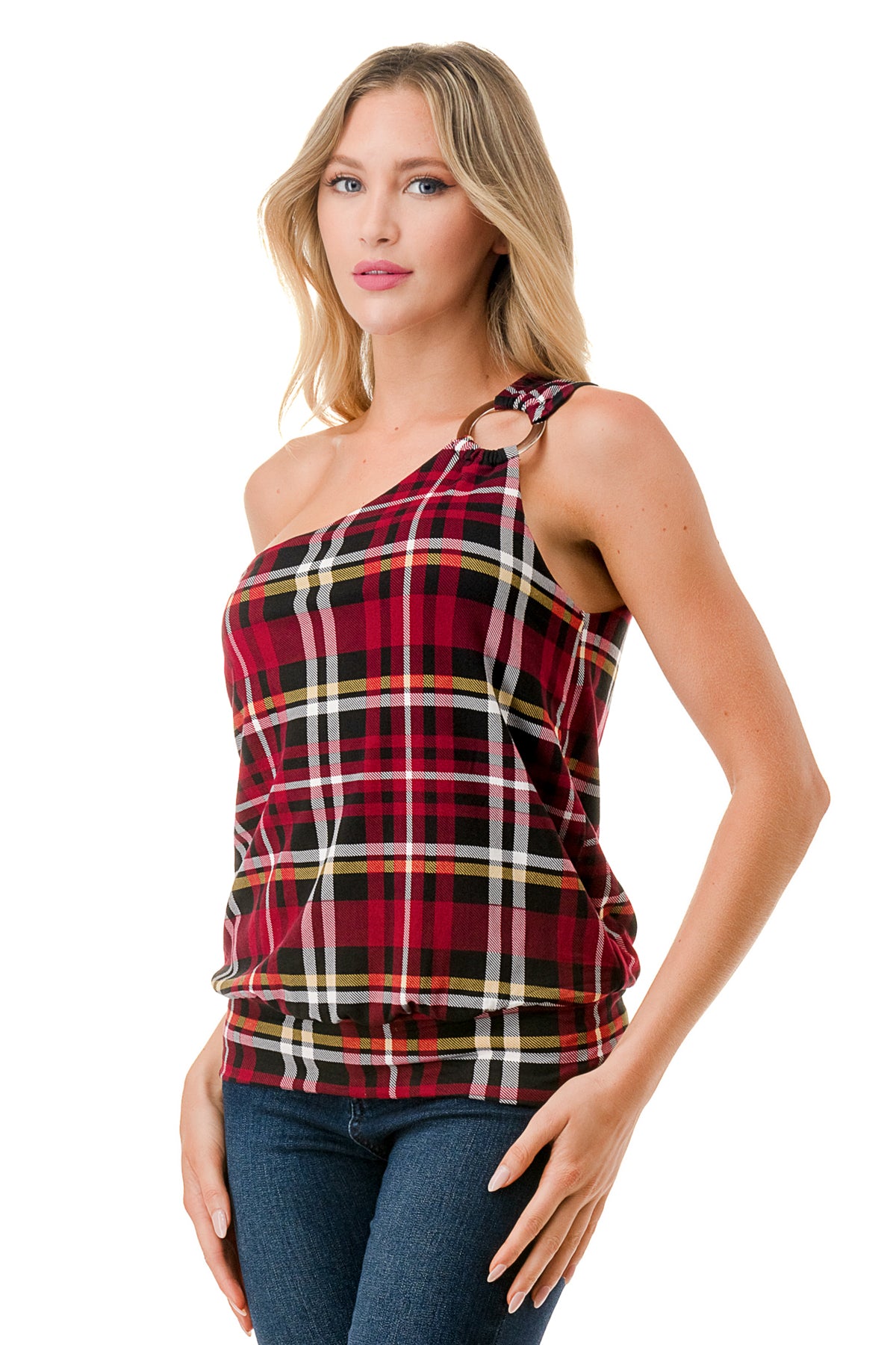 VIVIAN ONE SHOULDER RING TOP (BLACK WINE PLAID)-VT3265