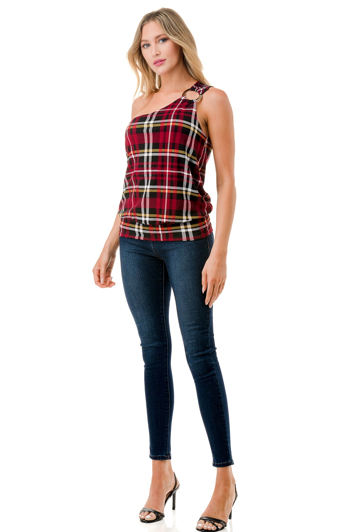 VIVIAN ONE SHOULDER RING TOP (BLACK WINE PLAID)-VT3265