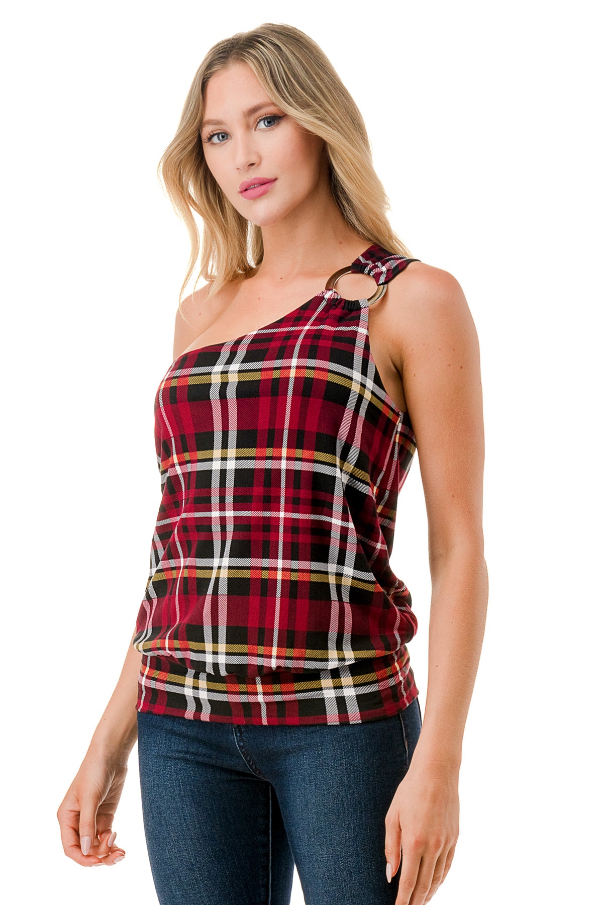 VIVIAN ONE SHOULDER RING TOP (BLACK WINE PLAID)-VT3265