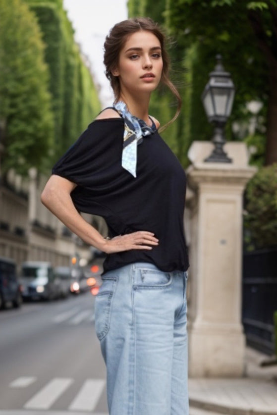 LOUISA SCARF BOW STRAP TOP (BLACK)-VT3292R
