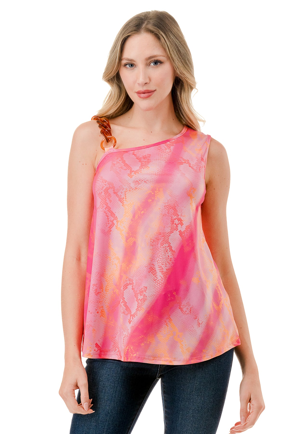 LOUISA CHAIN ONE SHOULDER TOP (PINK WATERCOLOR SNAKE)-VT3294