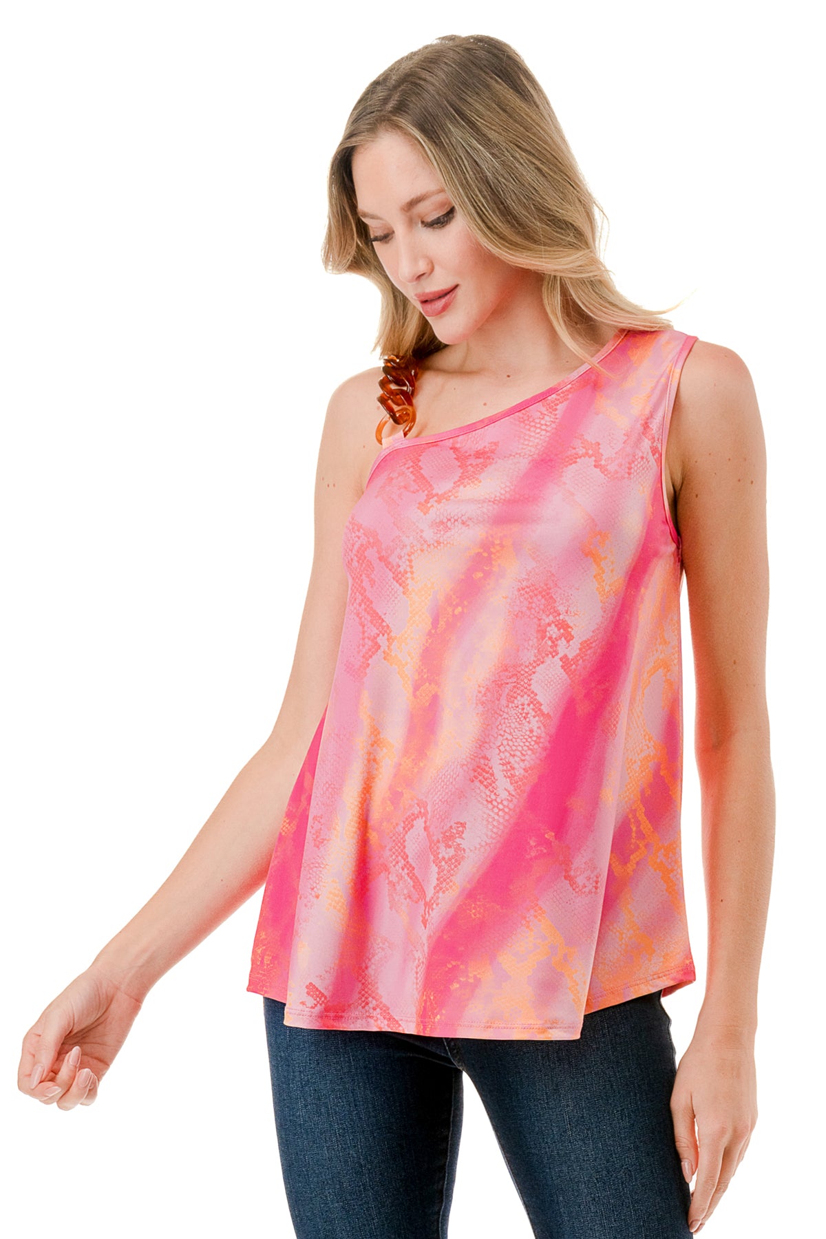 LOUISA CHAIN ONE SHOULDER TOP (PINK WATERCOLOR SNAKE)-VT3294