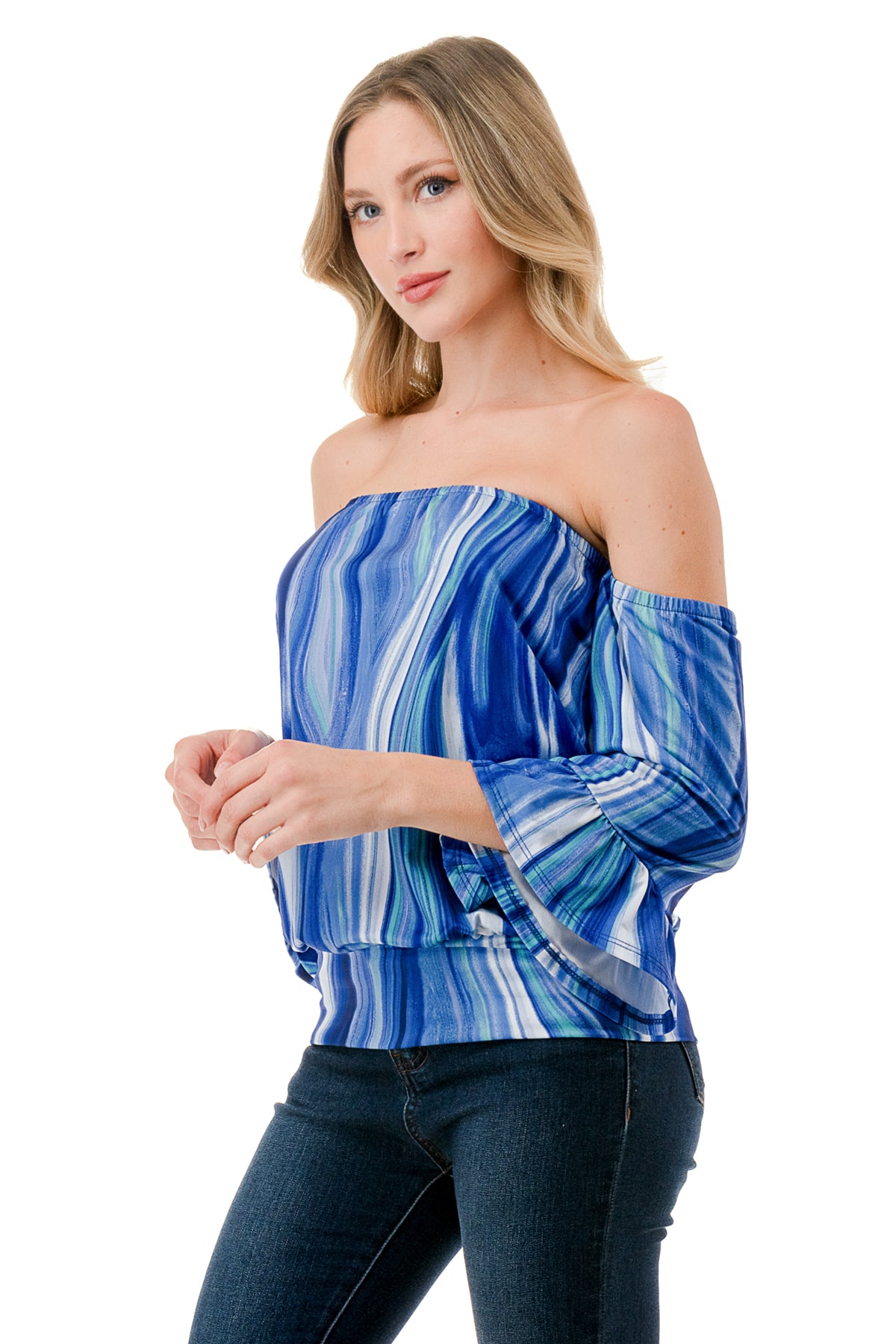 LOUISA OFF SHOULDER TOP (BLUE WATERCOLOR)-VT3299