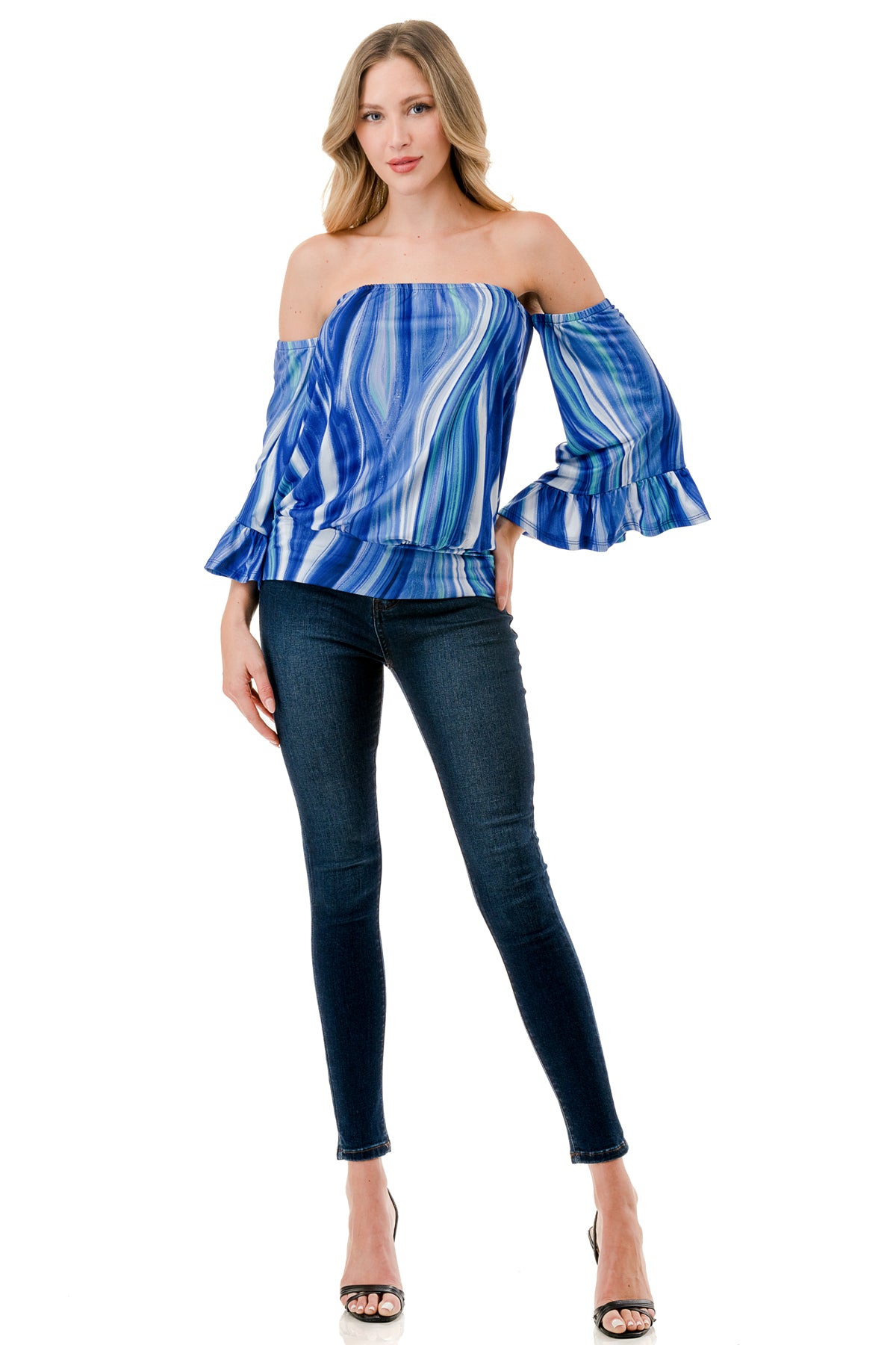 LOUISA OFF SHOULDER TOP (BLUE WATERCOLOR)-VT3299