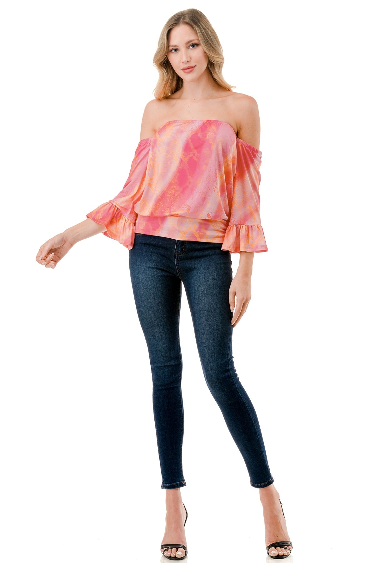 LOUISA OFF SHOULDER TOP (PINK WATERCOLOR SNAKE)-VT3299
