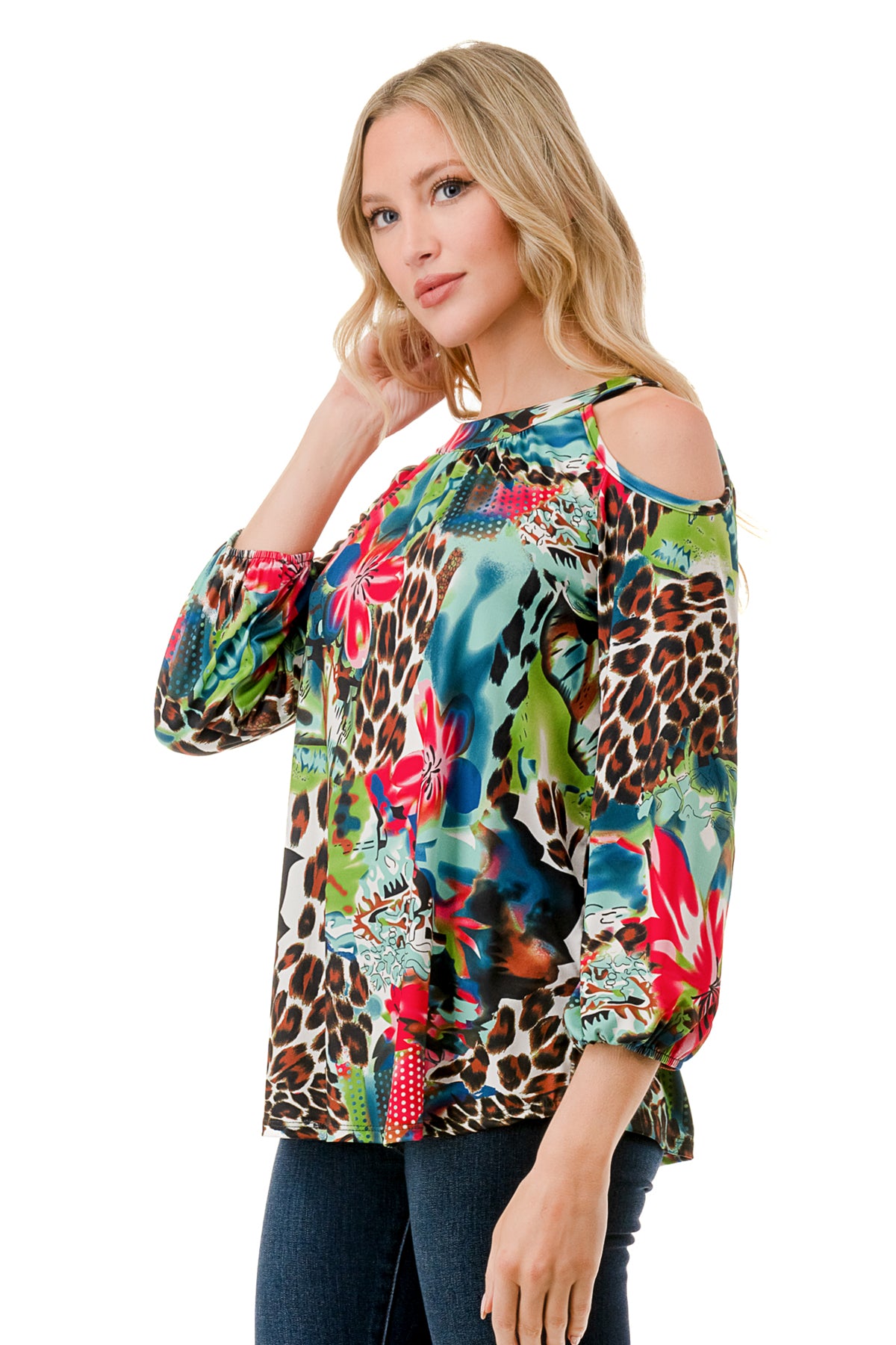 RUBI OPEN SHOULDER TOP (TROPICAL LEOPARD)-VT3312