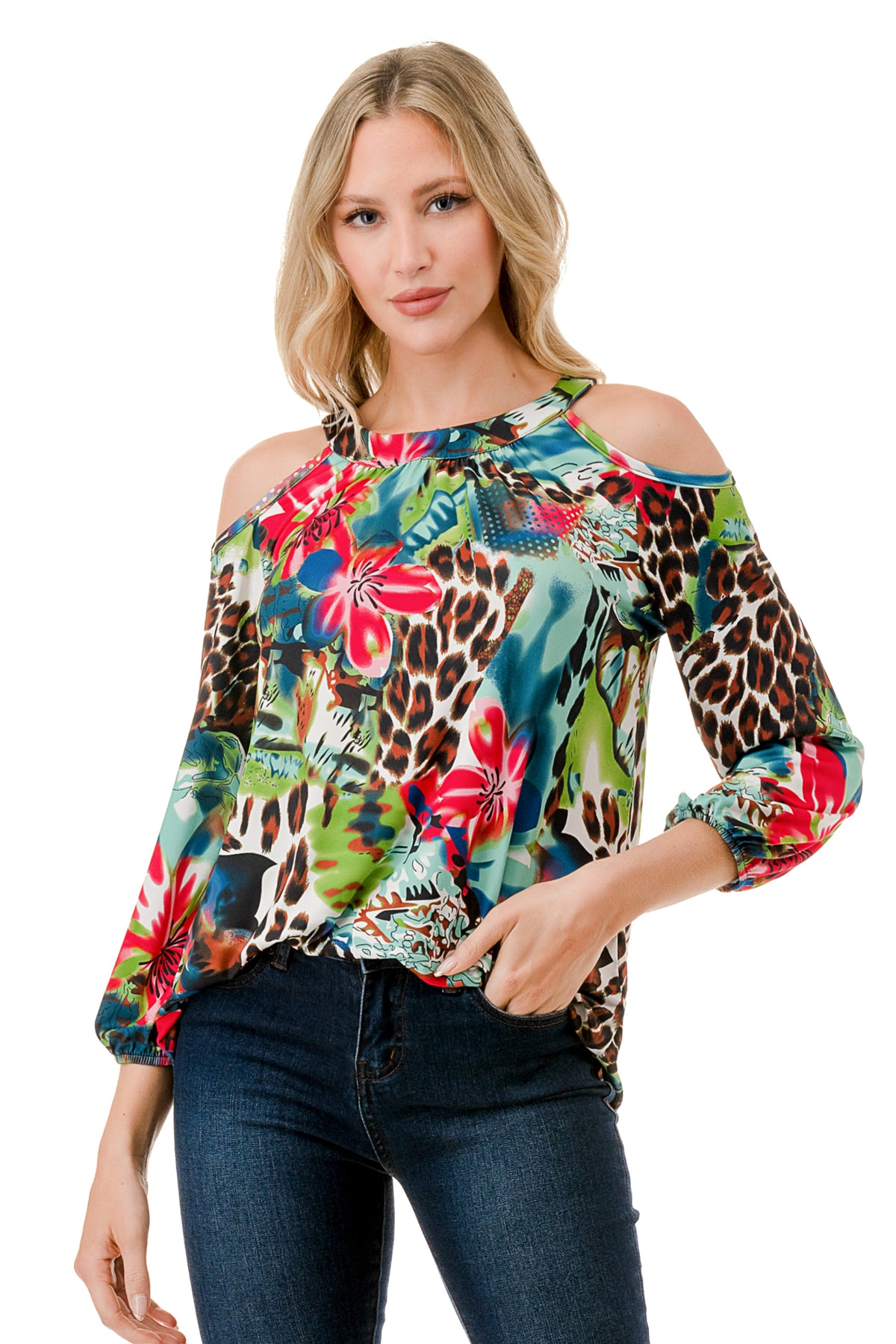 RUBI OPEN SHOULDER TOP (TROPICAL LEOPARD)-VT3312