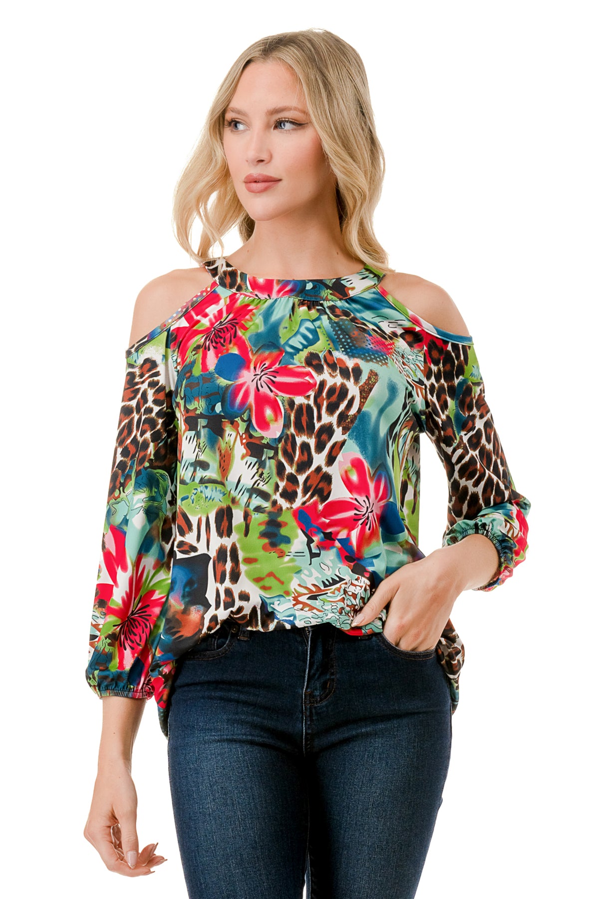 RUBI OPEN SHOULDER TOP (TROPICAL LEOPARD)-VT3312