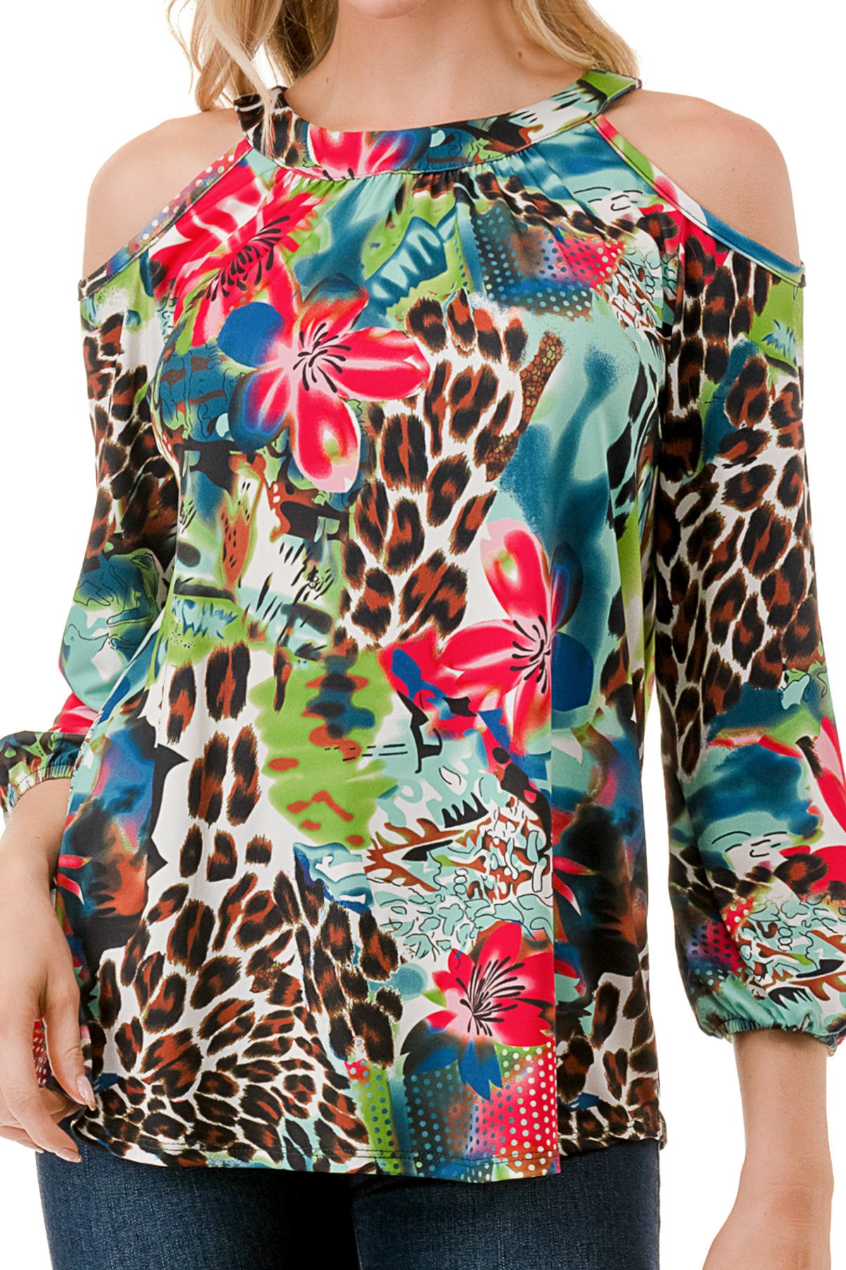 RUBI OPEN SHOULDER TOP (TROPICAL LEOPARD)-VT3312