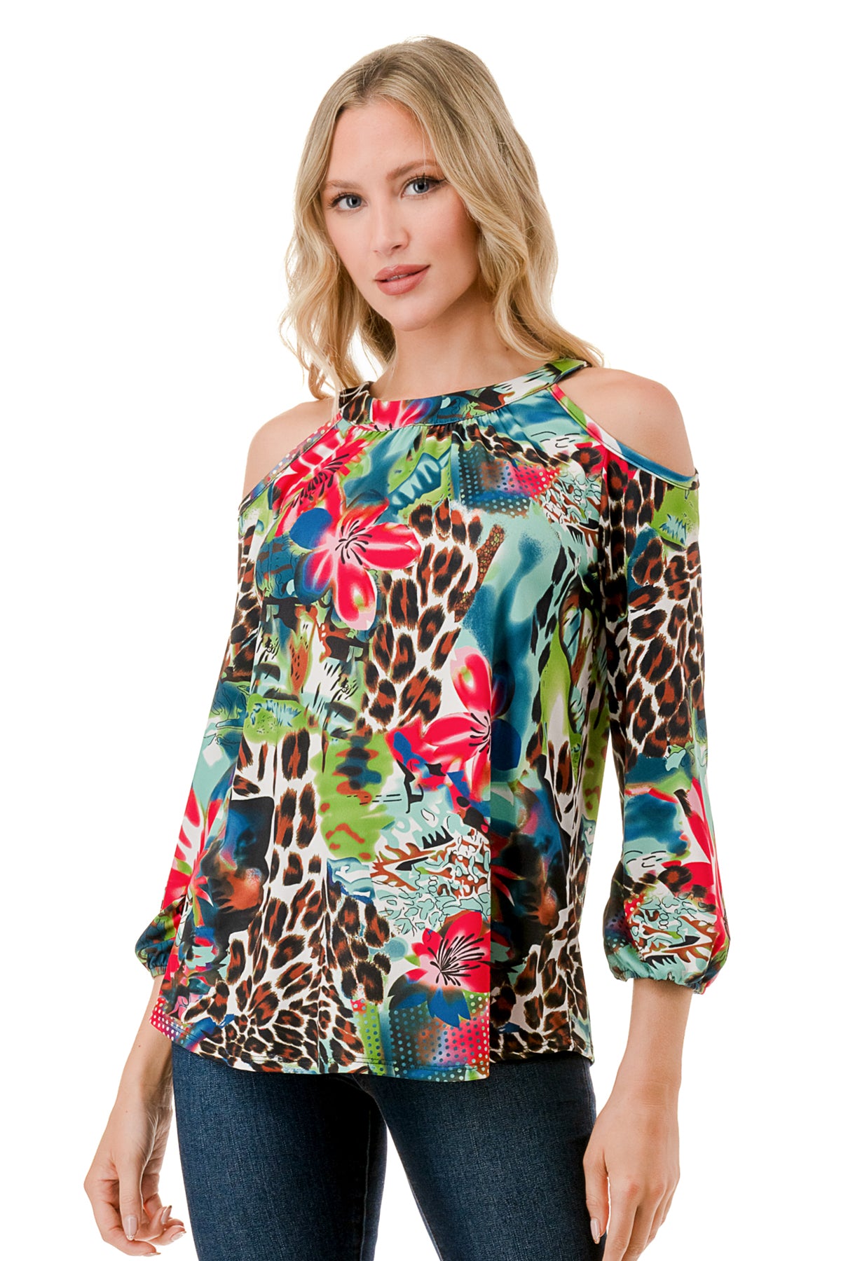 RUBI OPEN SHOULDER TOP (TROPICAL LEOPARD)-VT3312