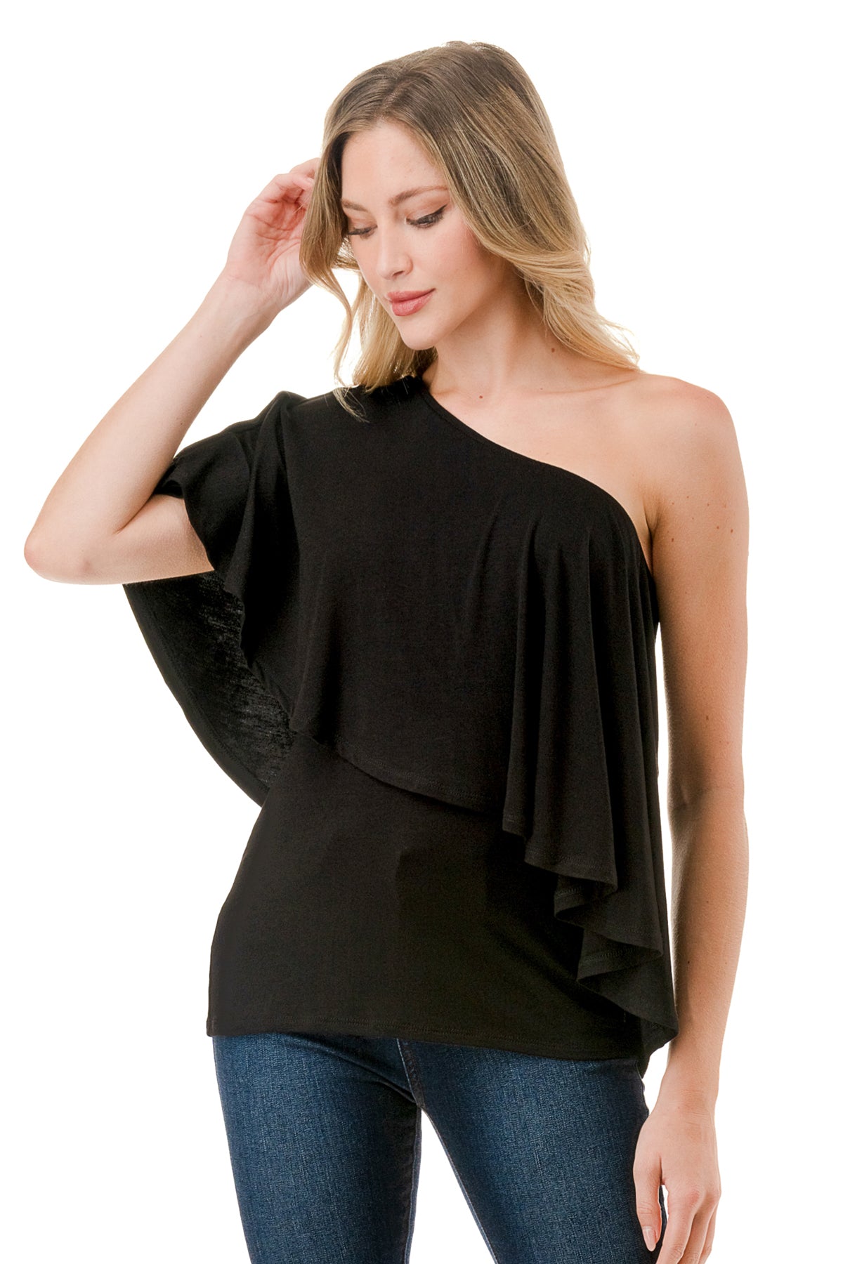 LAURA ONE SHOULDER TOP (BLACK)- VT7664