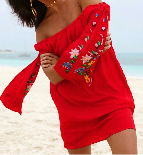 ENGLEBERTA OFF THE SHOULDER DRESS(Red)-CVD1543