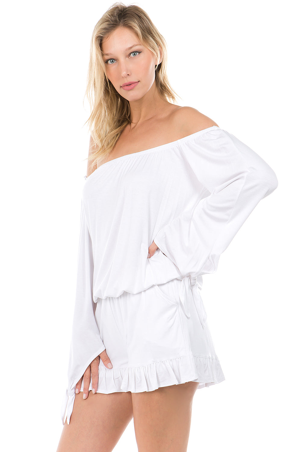 SAGE OFF SHOULDER ROMPER (WHITE)-JR9743