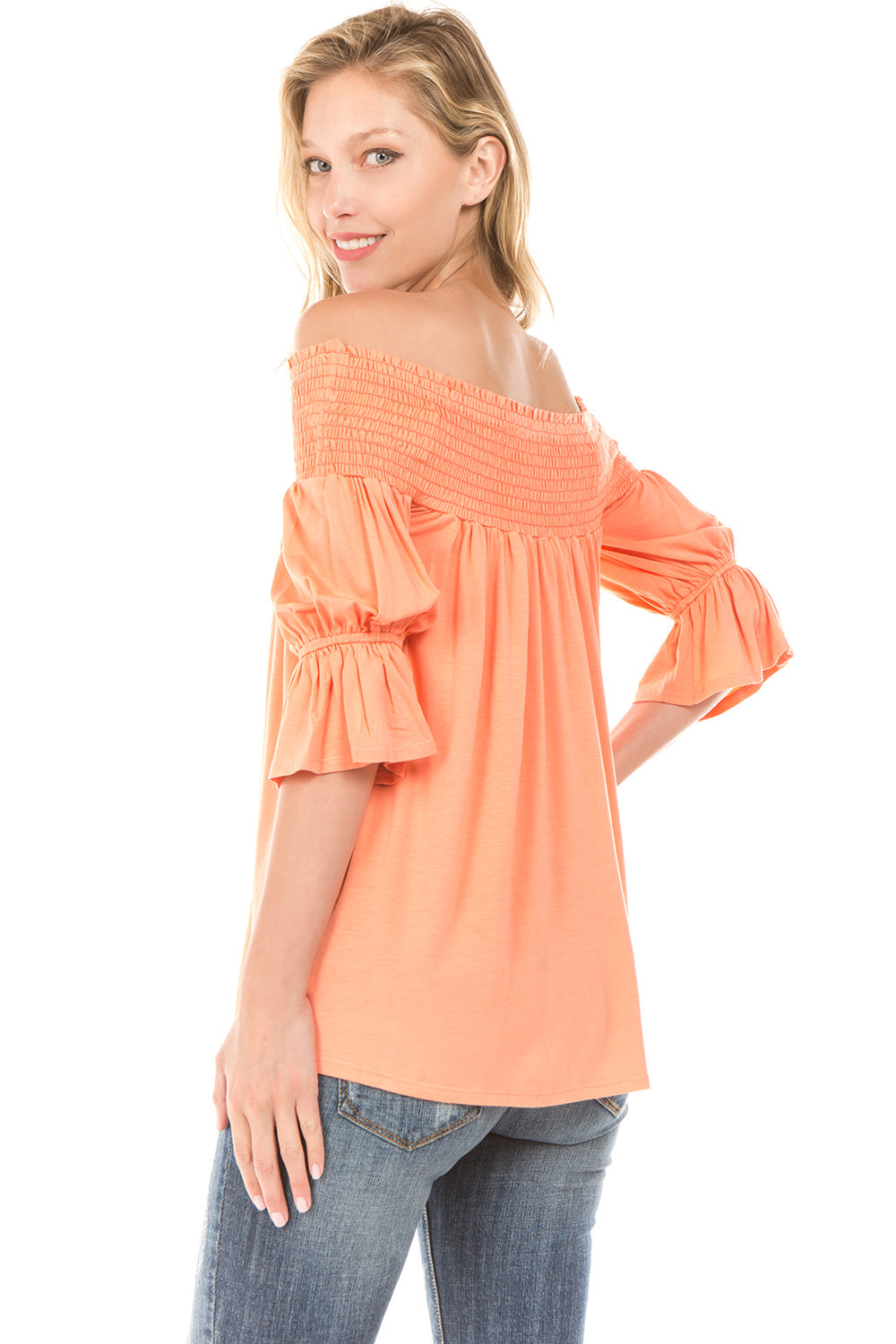 AUBREY OFF SHOULDER HALF SLEEVE TOP (MELON)- JT7101